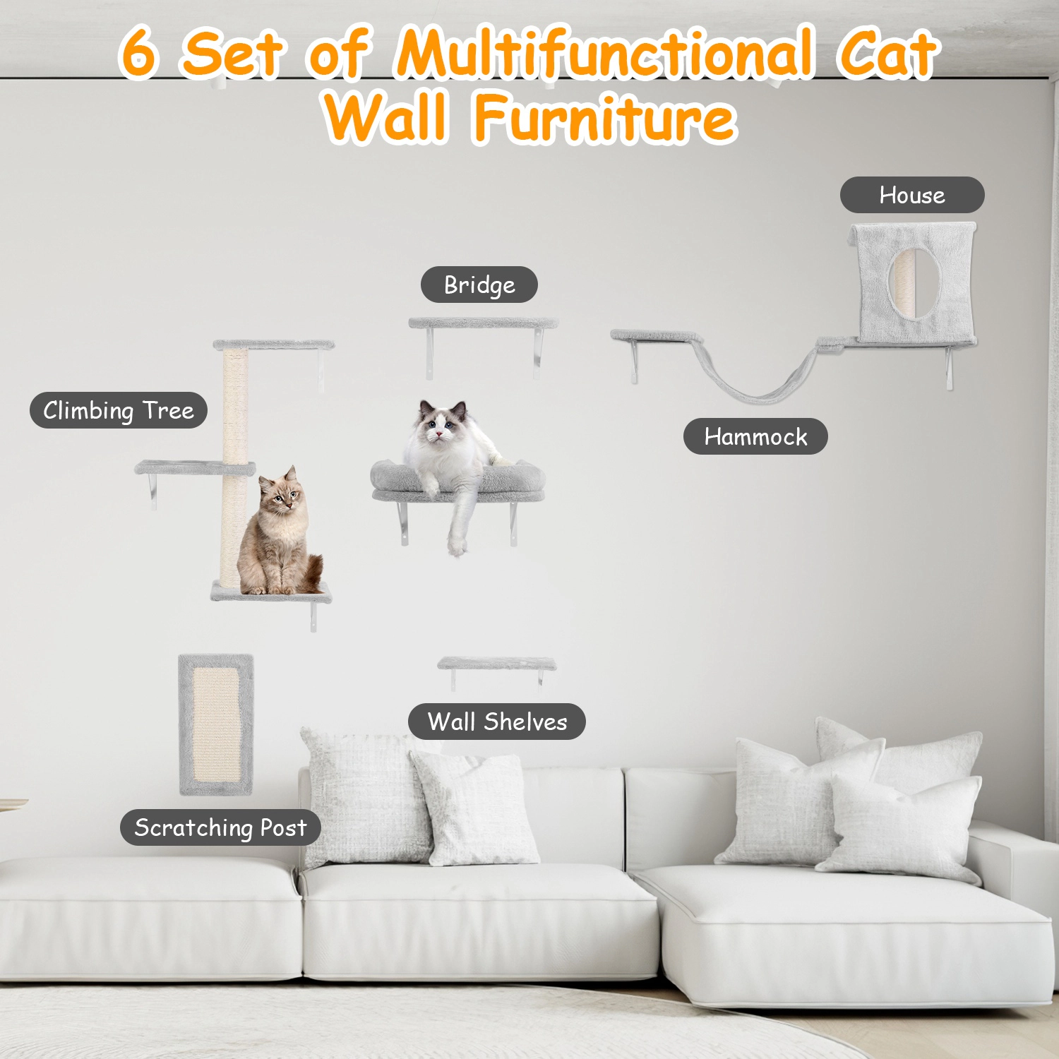 GBruno 6-Piece Wall-Mounted Cat Climbing Furniture Set