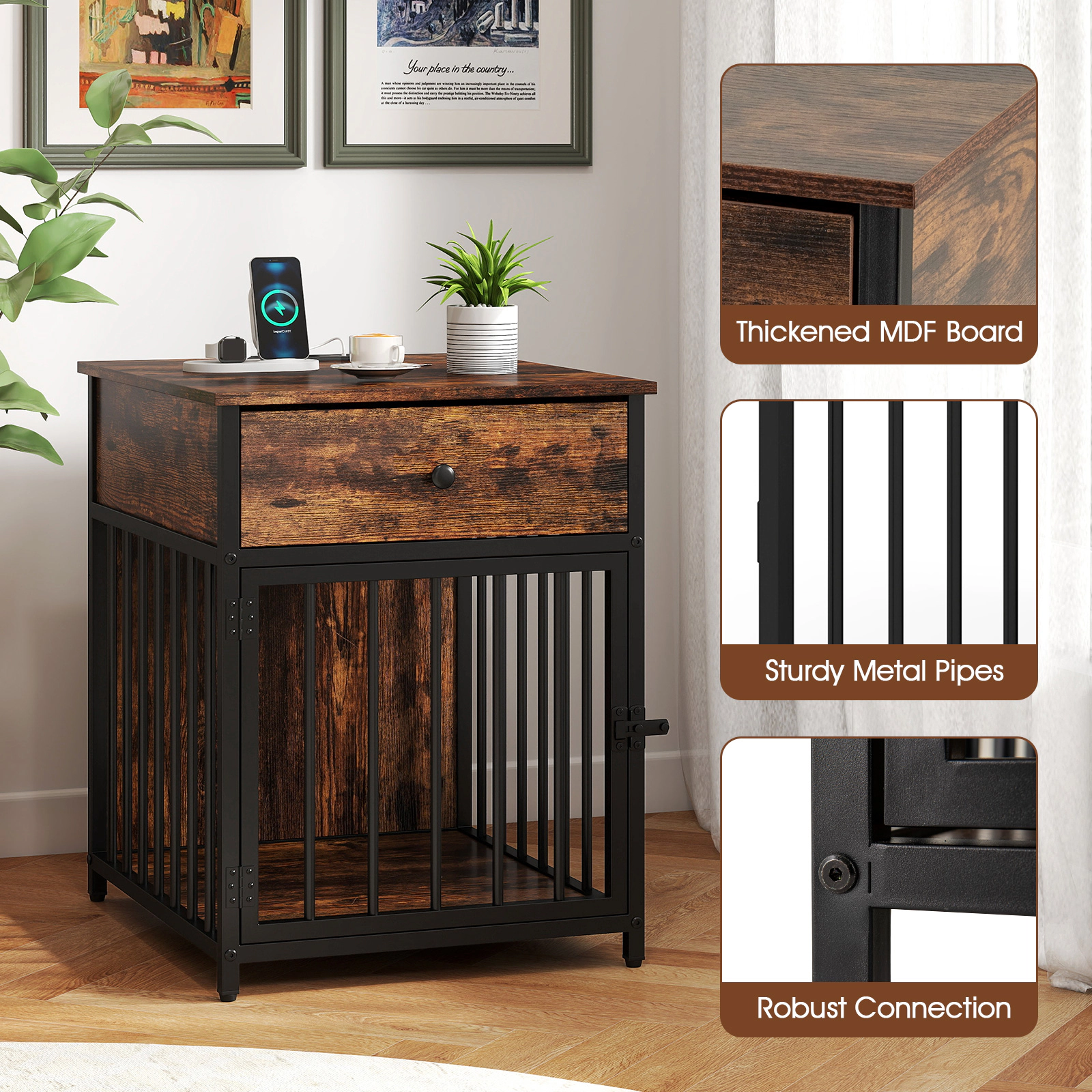SUGIFT Dog Crate Furniture End Table with Drawer and Charging Station 25-lb Tabletop Capacity for Small Dogs Black+Brown