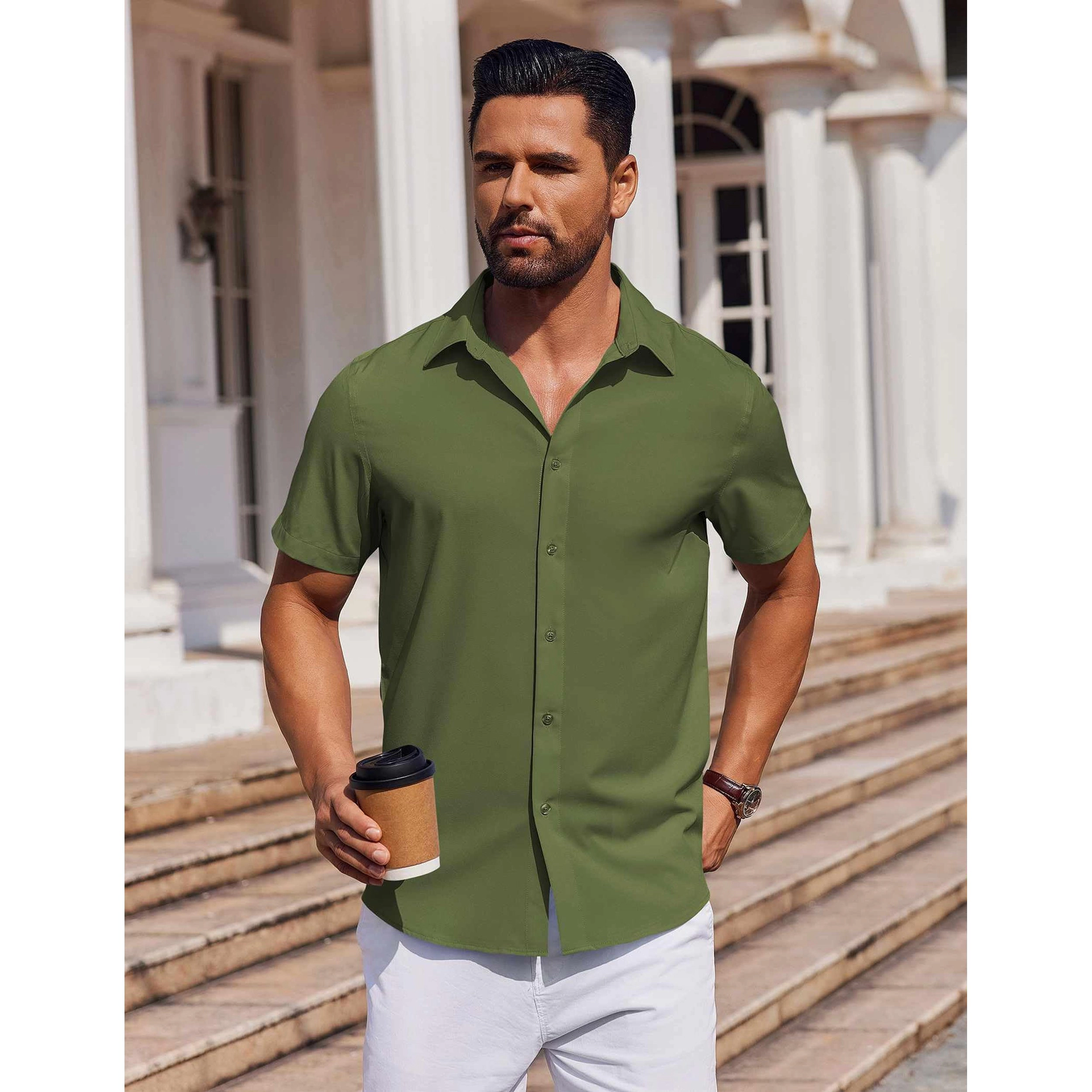 COOFANDY Mens Short Sleeve Button Down Shirt  Lapel Collar Casual Dressy Tops