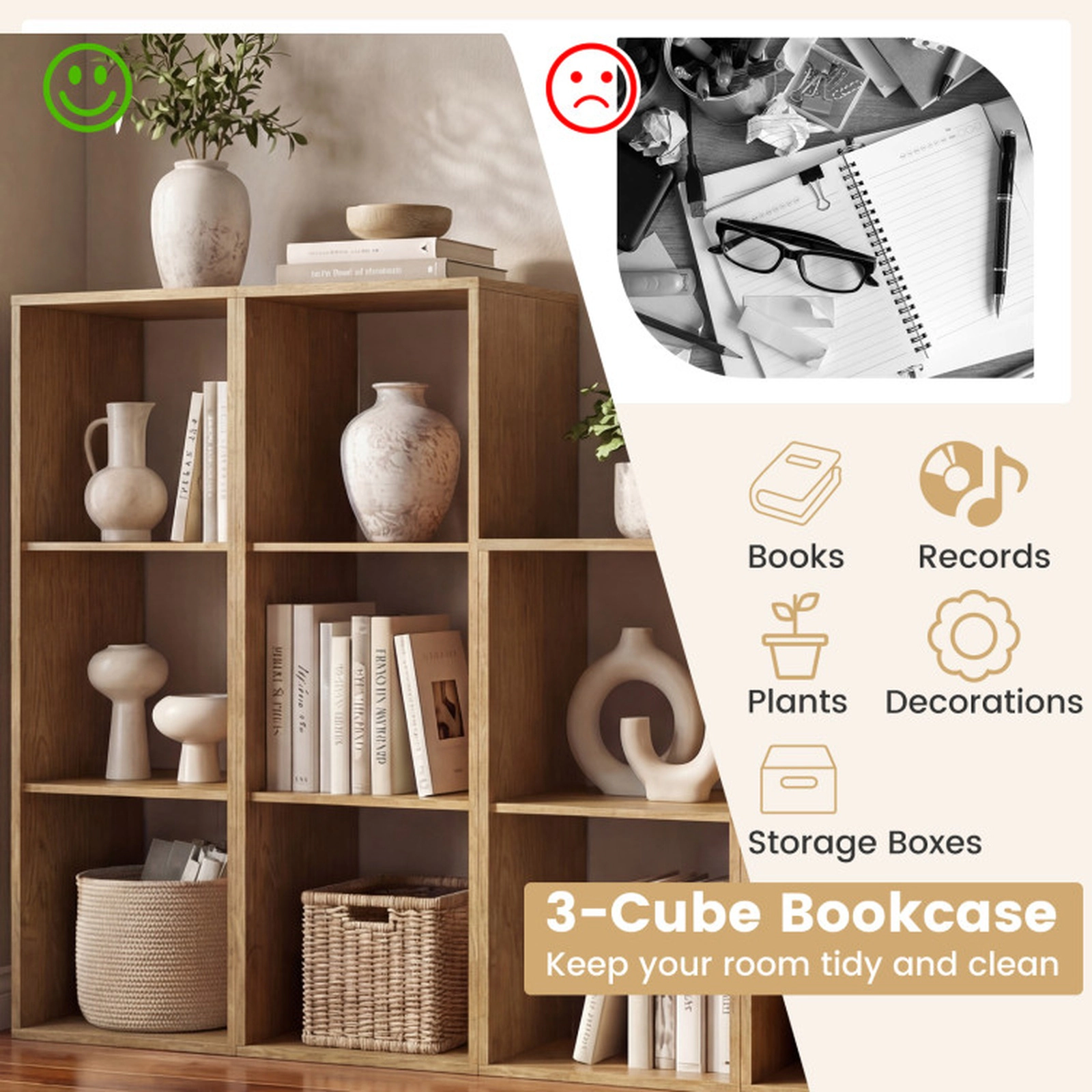 SUGIFT 3-Cube Engineered Wood Bookshelf with Back Guardrail 145-lb Capacity 41-in Tall 3-Piece White Natural Black Brown