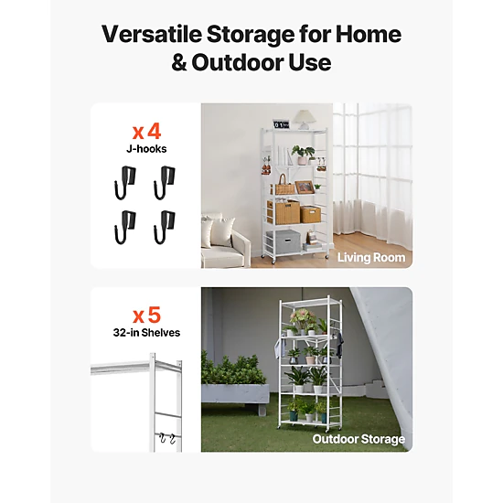 Flynama Folding Storage Shelf with Wheels 5-Tier No Assembly Organizer Shelf White