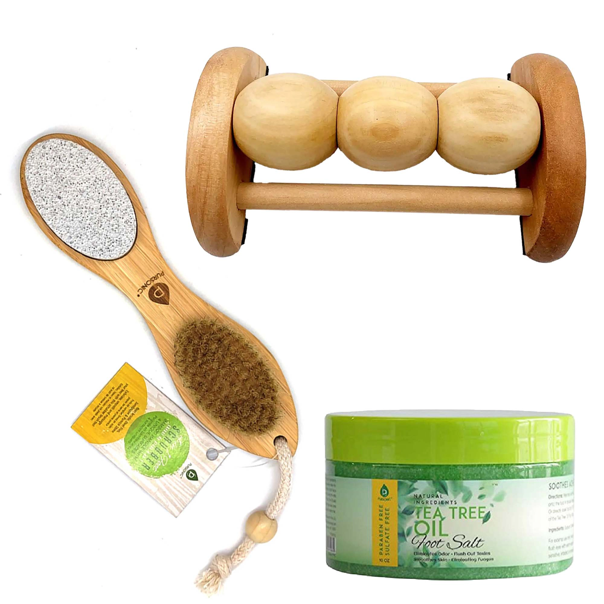 Pursonic Unisex Foot Therapy & Spa Care Bundle – Wooden Foot Massager Roller, 4-in-1 Exfoliating Foot Scrubber & Tea Tree Oil Foot Soak Set