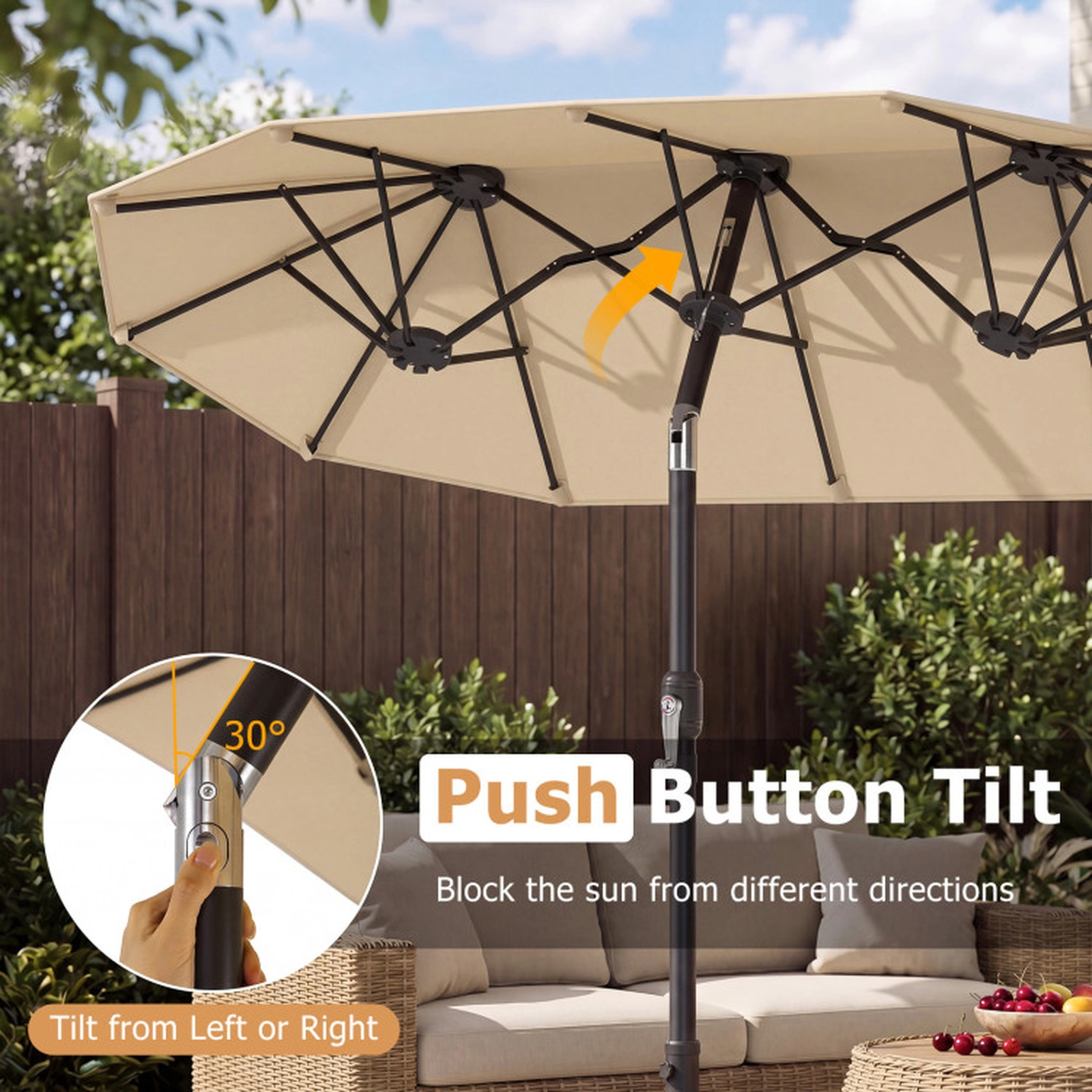 SUGIFT Push Button Tilt Crank Handle and 12 Ribs 10 x 5.3 FT Double-Sided Patio Umbrella