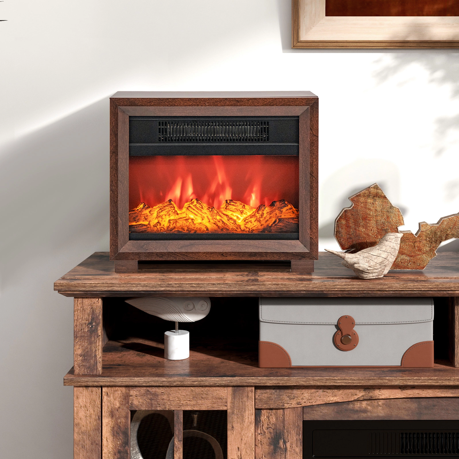 SUGIFT 13.1-in Mini Wooden Mantel Portable Tabletop Electric Fireplace 13.1-in x 6.7-in x 11.4-in 750W Brown