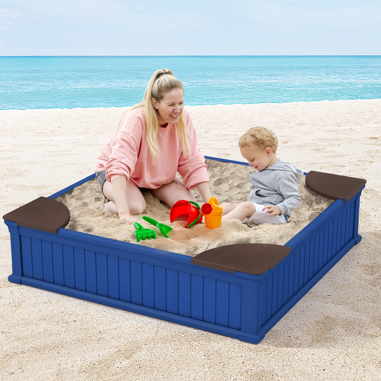 SUGIFT Kids Navy Outdoor Sandbox with Oxford Cover and 4 Corner Seats 48.5-in W 12.5-in H 110-lb Per Seat