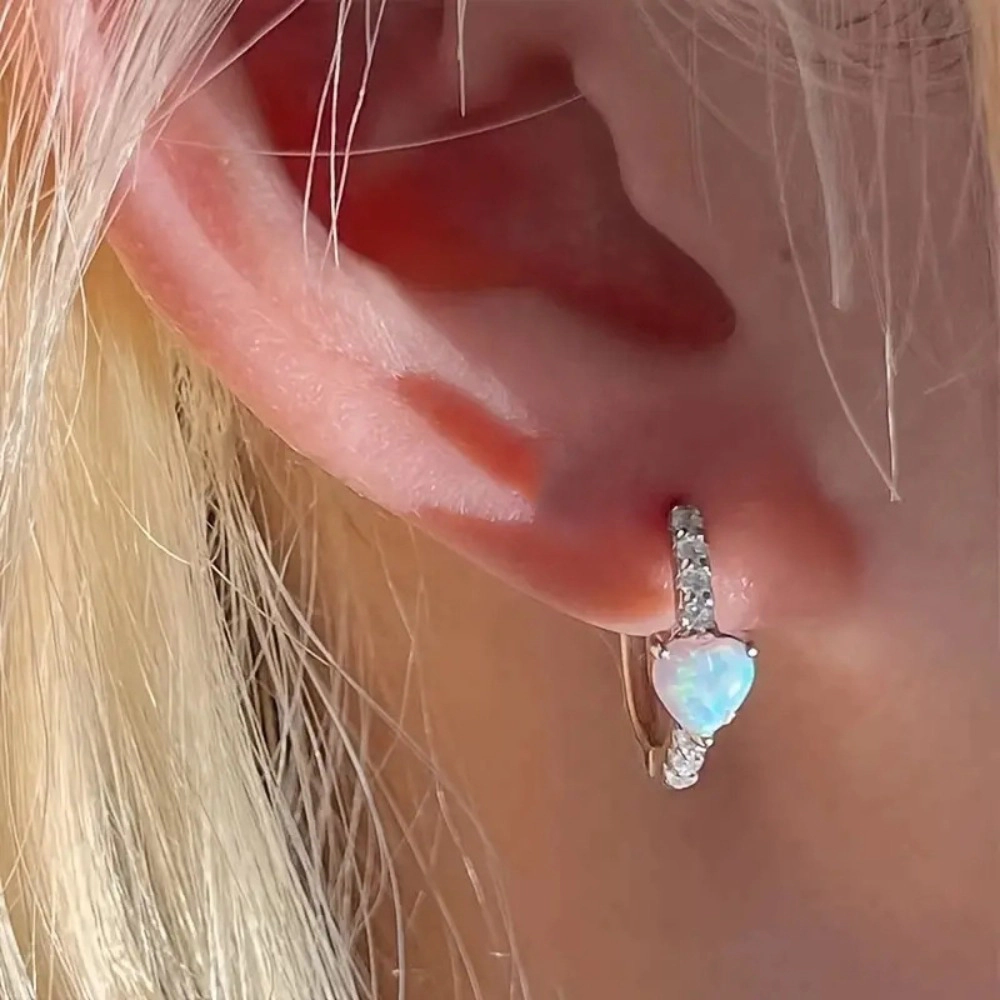 Cute Petite Heart Shaped Simulated Opal Inlay Zirconia Hoop Earring