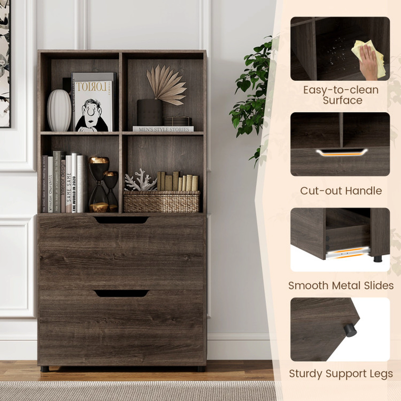 SUGIFT 4-Cube Bookcase with 2 Drawers 51 Tall Freestanding Bookshelf