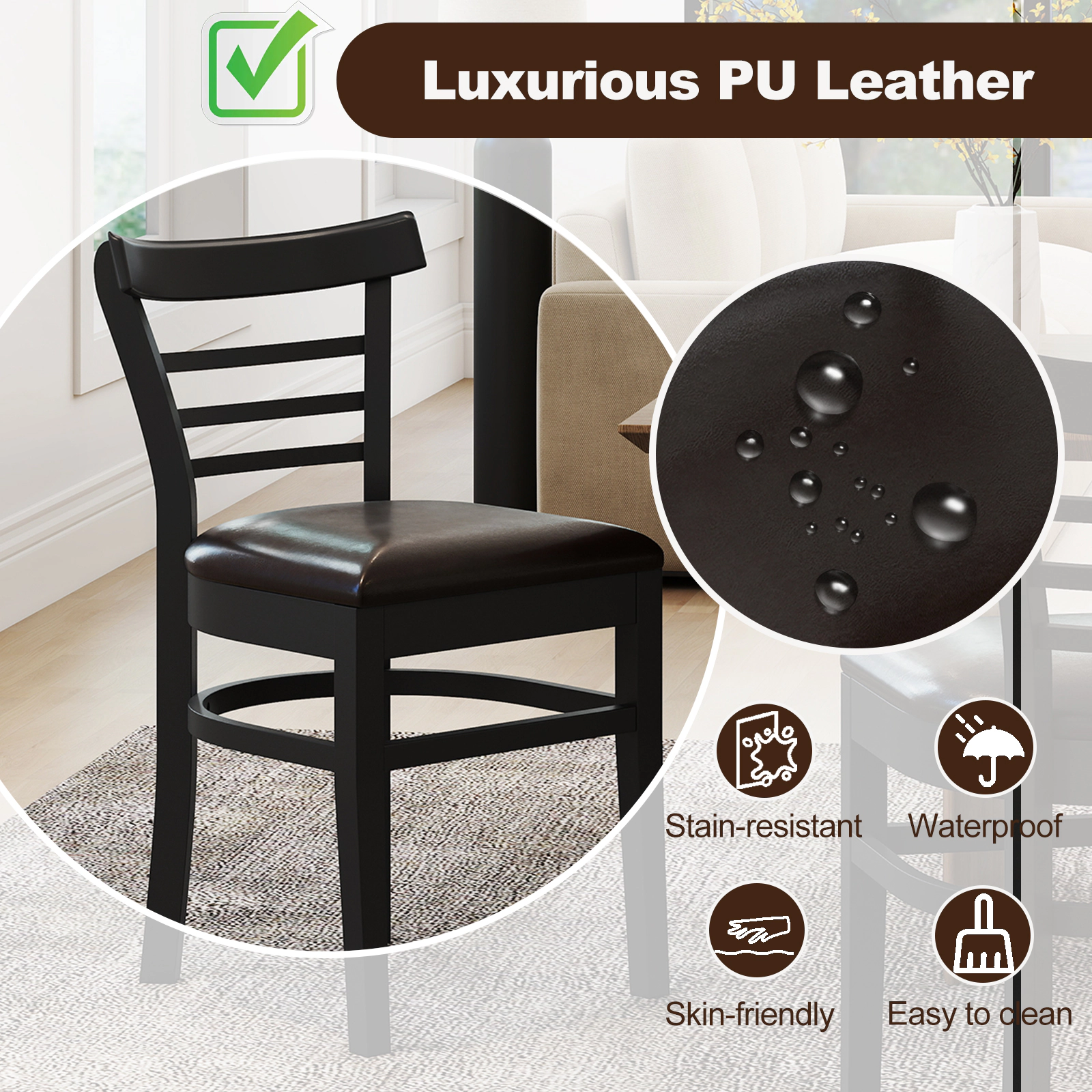 SUGIFT Set of 2 Black PU Leather Dining Chairs, 400 lb Capacity