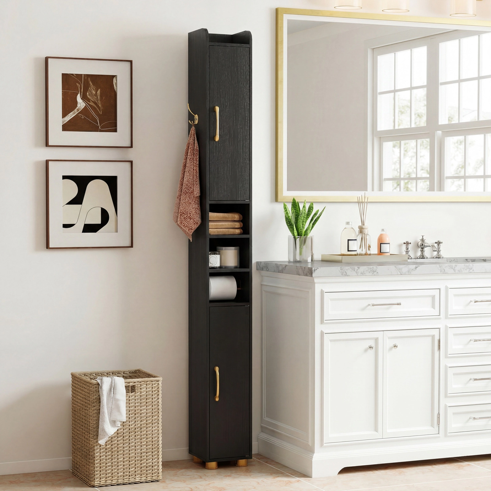 SUGIFT Tall Slim 2 Enclosed Sections Side Hook Bathroom Storage Cabinet 8-in x 8-in x 69.5-in 11-lb per Shelf Black