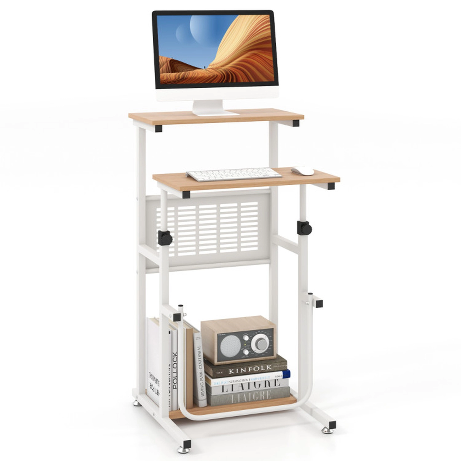 SUGIFT Height Adjustable Bottom Shelf Footrest Small Space Sit Stand Desk 22-in x 21-in x 27-in to 38.5-in Oak