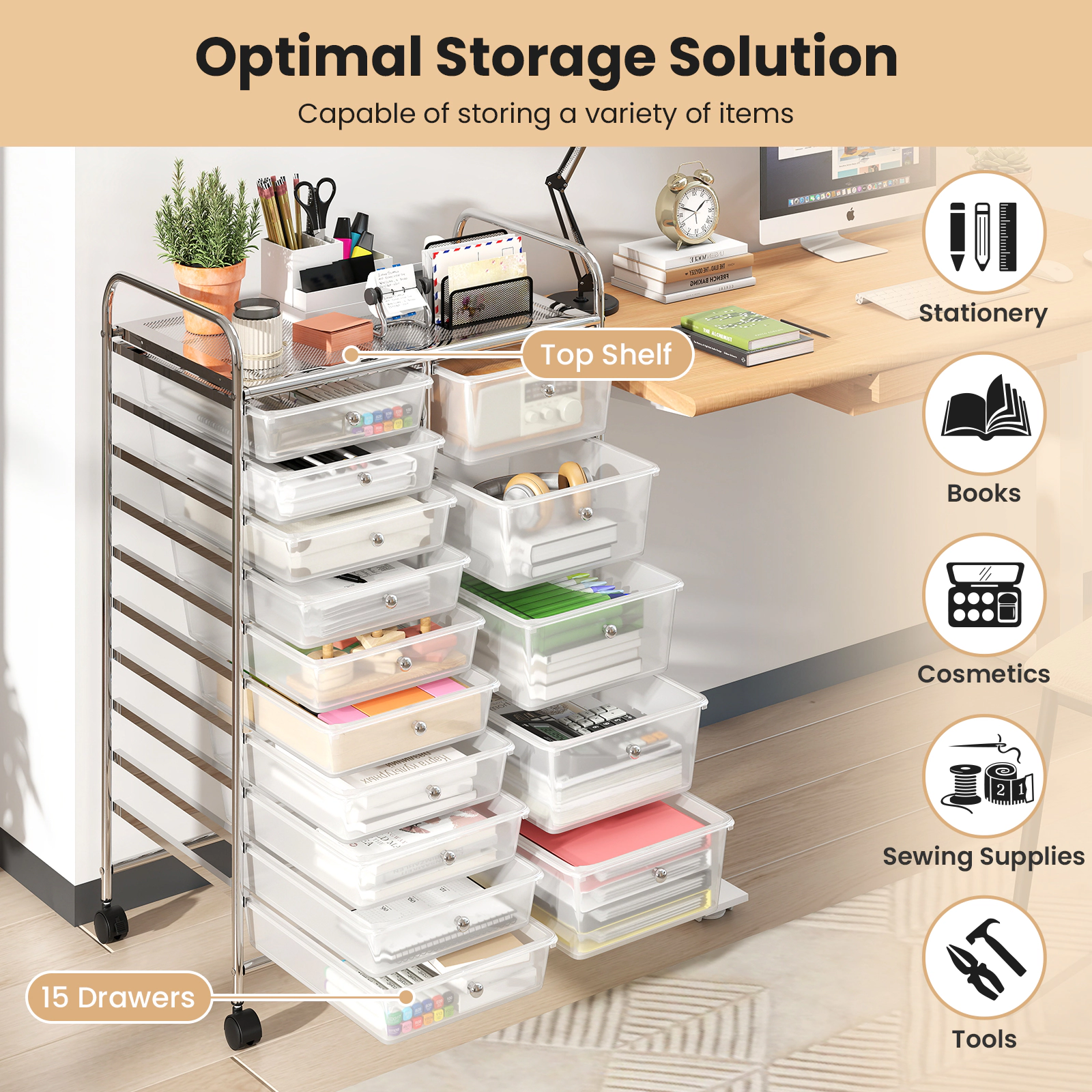 SUGIFT 15-Drawer Rolling Storage Cart Transparent with Chrome Plated Metal Frame