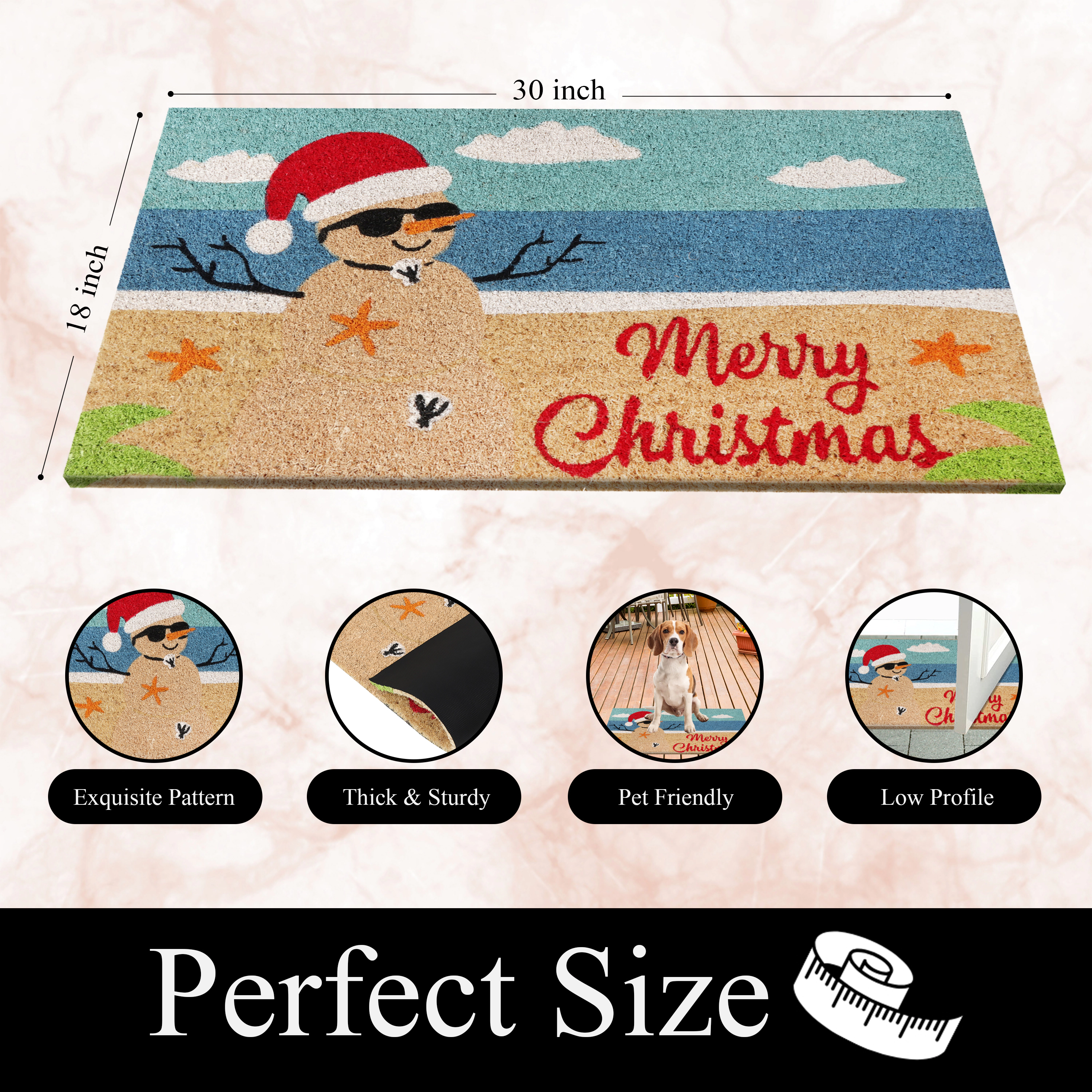 A1 Home Collections Natural Coir Coastal Christmas Doormat Heavy Duty Non-Slip PVC Backing Outdoor Mat 18 x 30