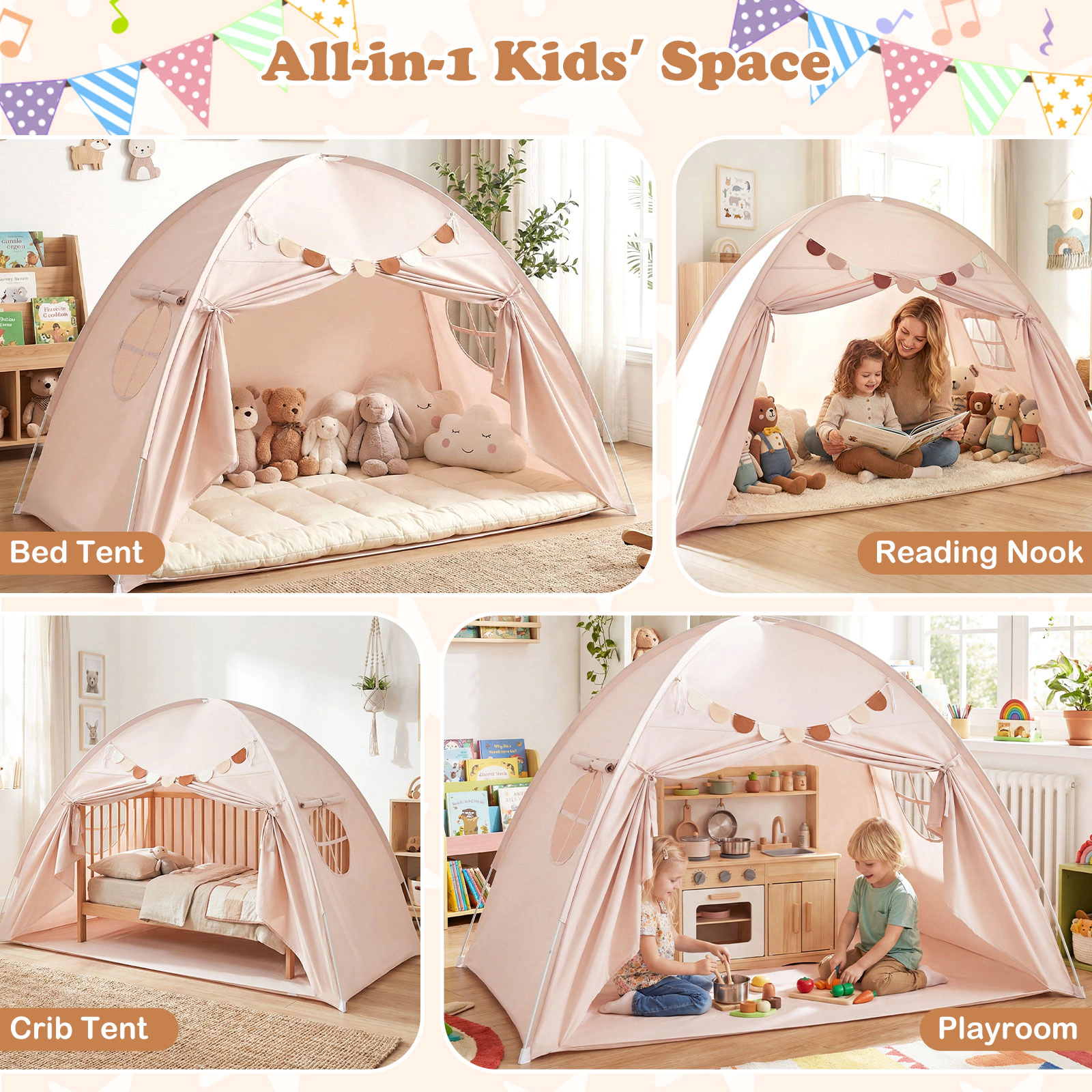 SUGIFT Indoor Canopy Tent for Kids Fits Twin Size Mattress Ages 3+ Beige Brushed Fabric