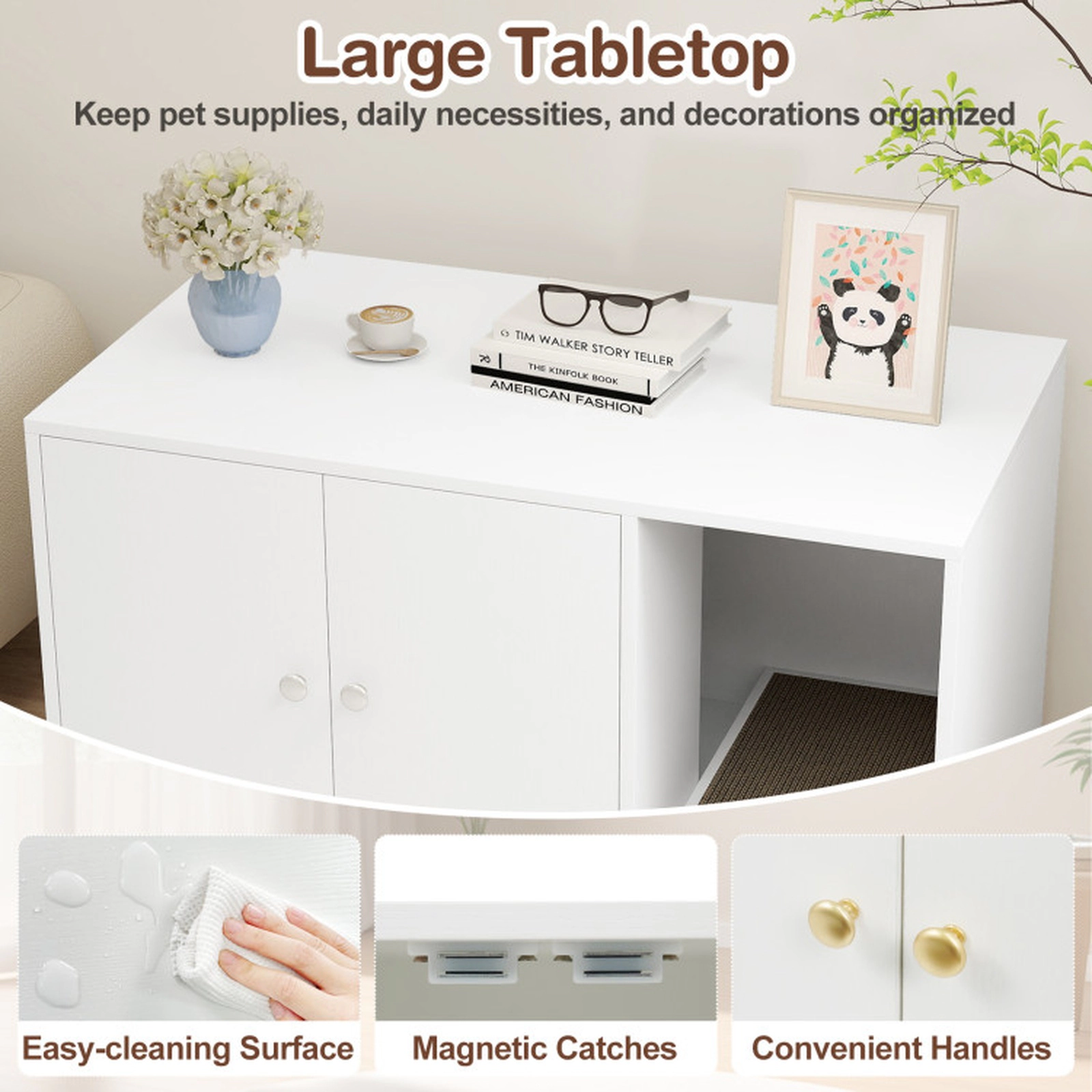 SUGIFT 35.5 x 20-in 88-lb Capacity White Wooden Hidden Litter Box Enclosure Furniture with Removable Scratching Board