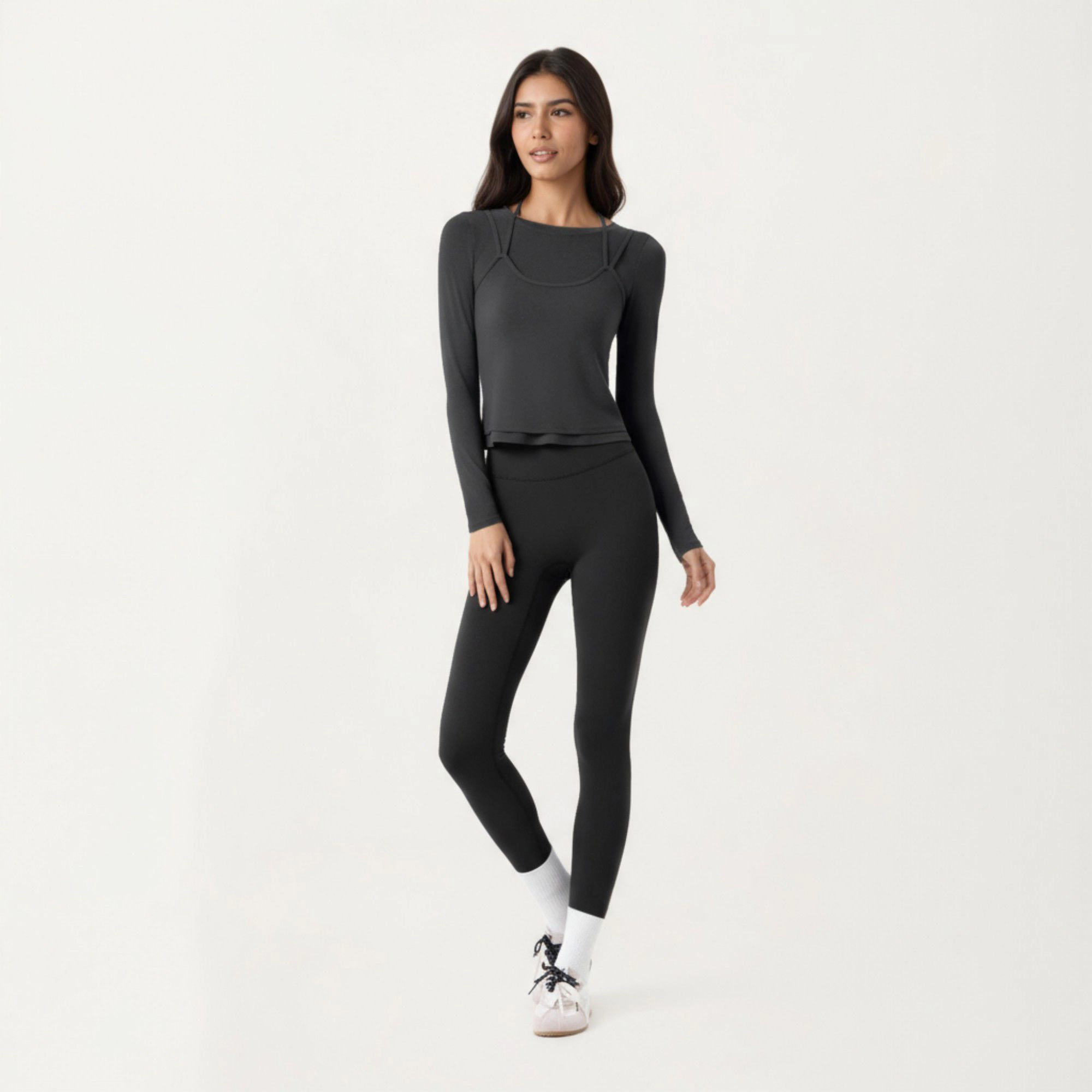 Anna-Kaci Women's Long Sleeve Active Top with Layered Strap Detail Slim Contoured Fit and Modern Minimal Silhouette