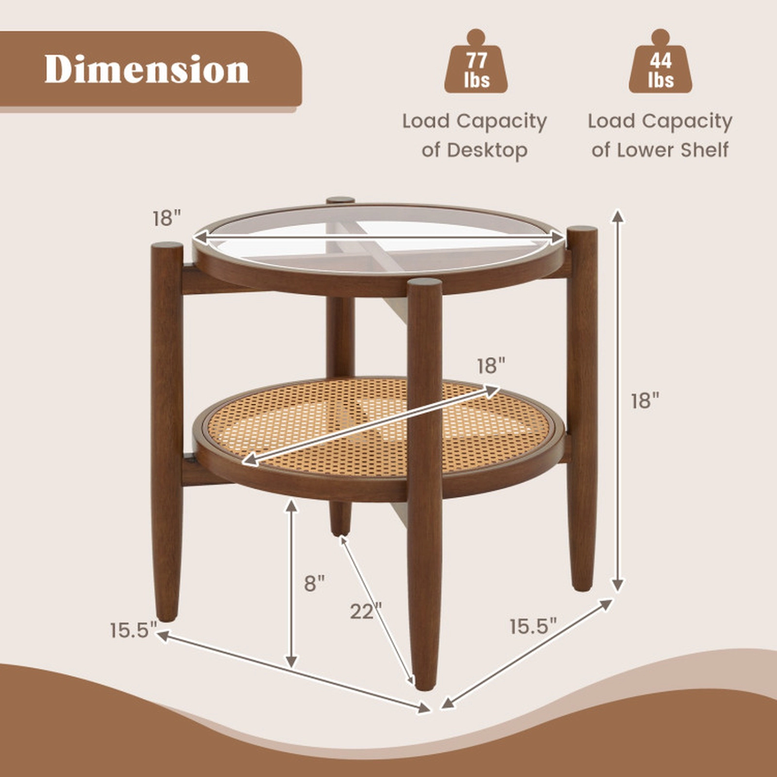 SUGIFT Tempered Glass Top and Woven Rattan Lower Shelf Walnut Round Side Table