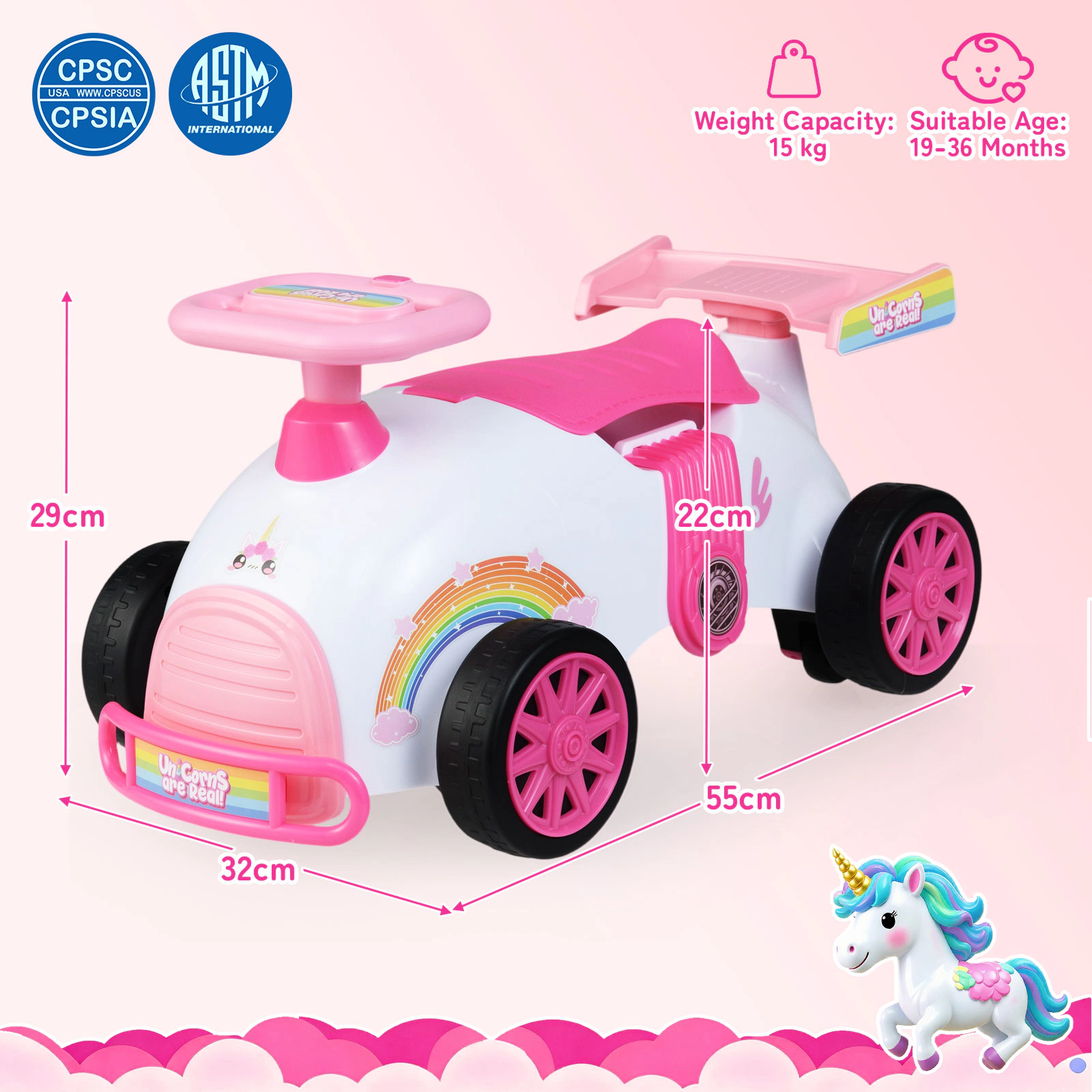 SUGIFT Kids Ride On Car Sliding Toy with Music and Under-Seat Storage 33-lb Capacity Ages 19-36 Months Pink & White