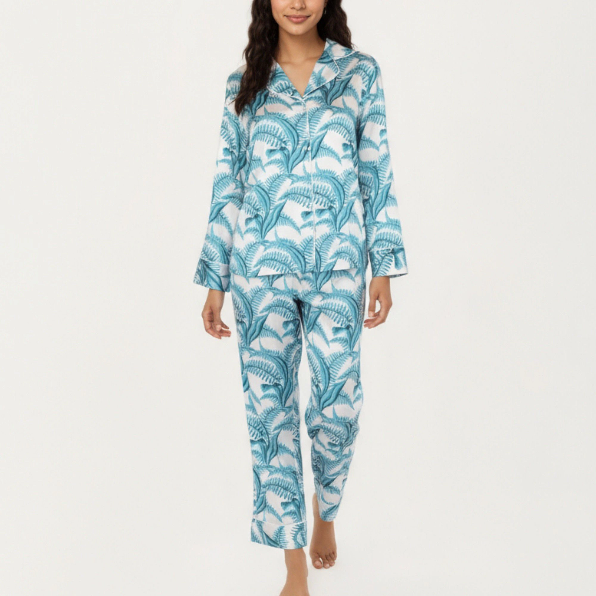 Anna-Kaci Women's 2-Piece Long Sleeve Button Front Pajama Set with Tropical Leaf Print and Soft Silky Fabric