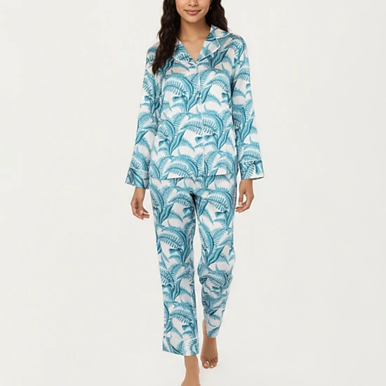 Anna-Kaci Women's 2-Piece Long Sleeve Button Front Pajama Set with Tropical Leaf Print and Soft Silky Fabric