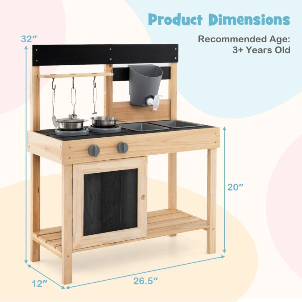 Hivvago Mud Kitchen Playset Kids Play Kitchen Outdoor with 2 Removable Sinks-Natural
