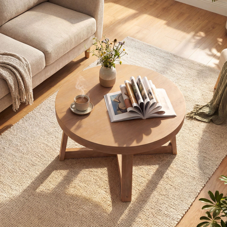 Hivvago Round Coffee Table For Living Room 30 Inch Farmhouse Accent Table With Study Rubber Wood Legs