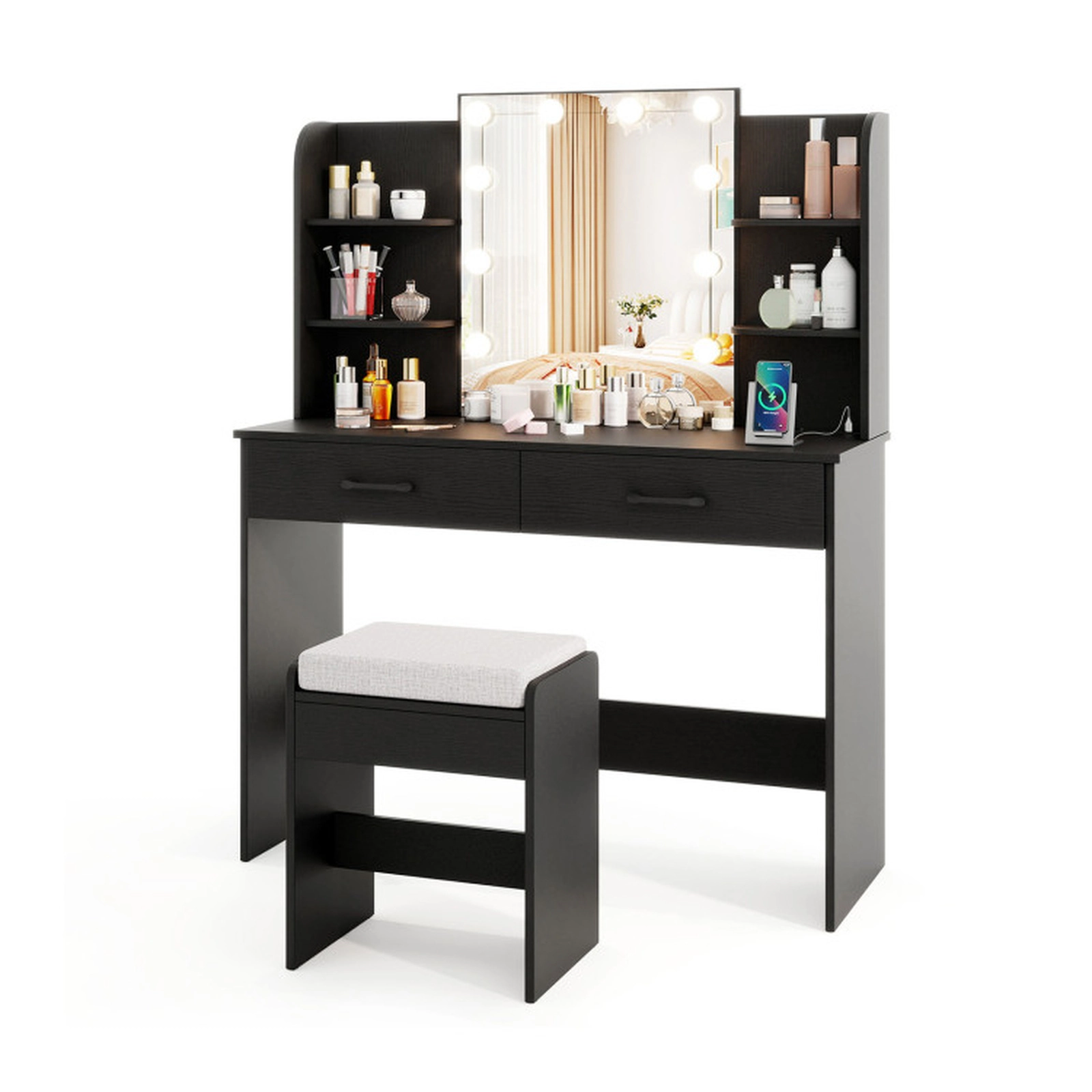 SUGIFT Vanity Set with Lighted Mirror Power Outlet and Stool 154-lb Tabletop Capacity 2-Drawer 4-Shelf Storage Black