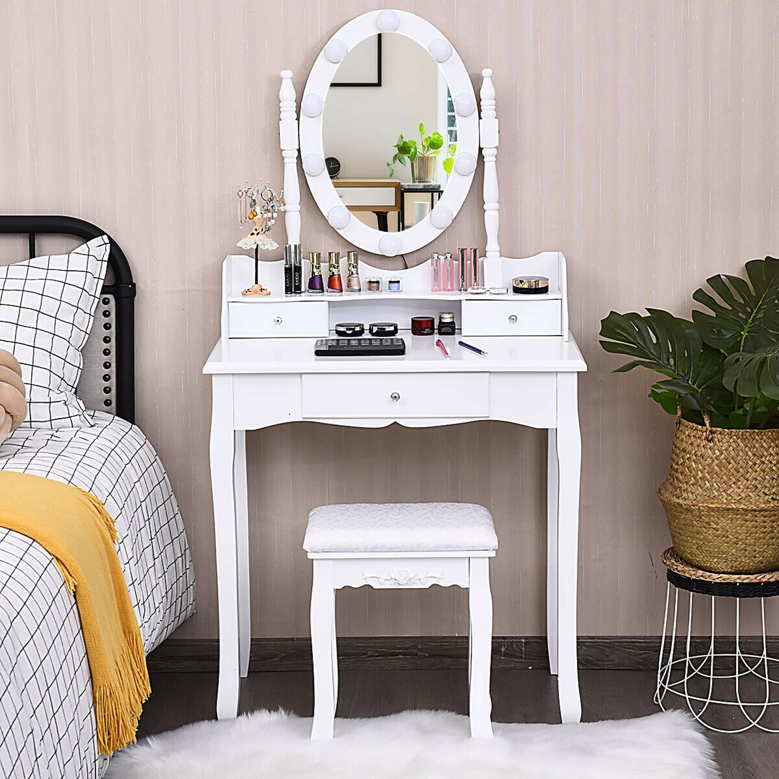 SUGIFT Oval Mirror Vanity Set with 10 Dimmable LED Bulbs Memory Function and 3 Crystal Handle Drawers