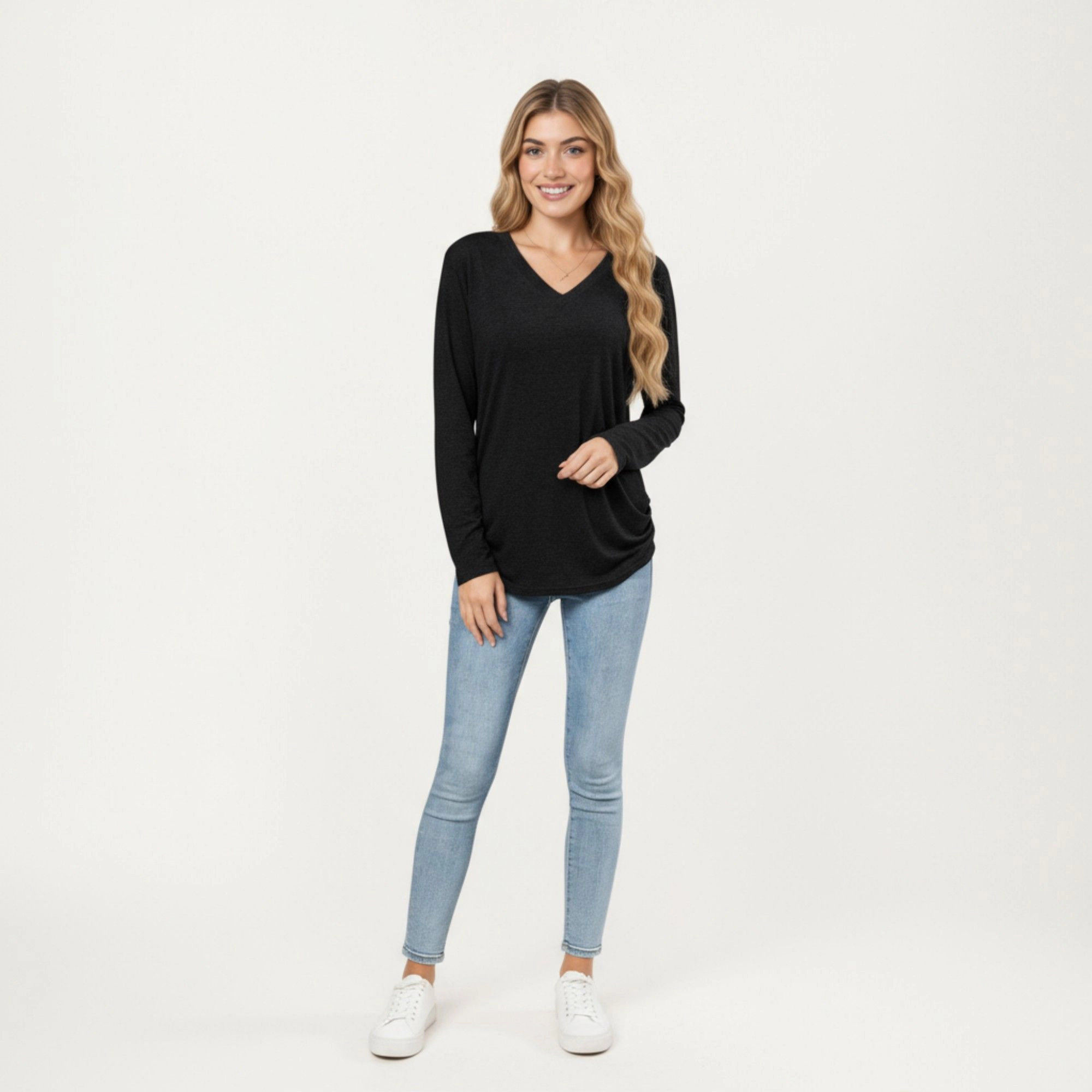 Anna-Kaci Women's V-Neck Ruched Side Relaxed Fit Long Sleeve Top