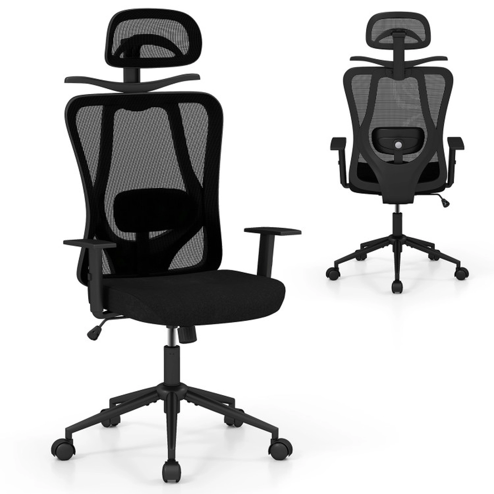 SUGIFT 330-lb Capacity Black Mesh High Back Desk Chair with 3D Headrest Coat Hanger and Waterfall Seat