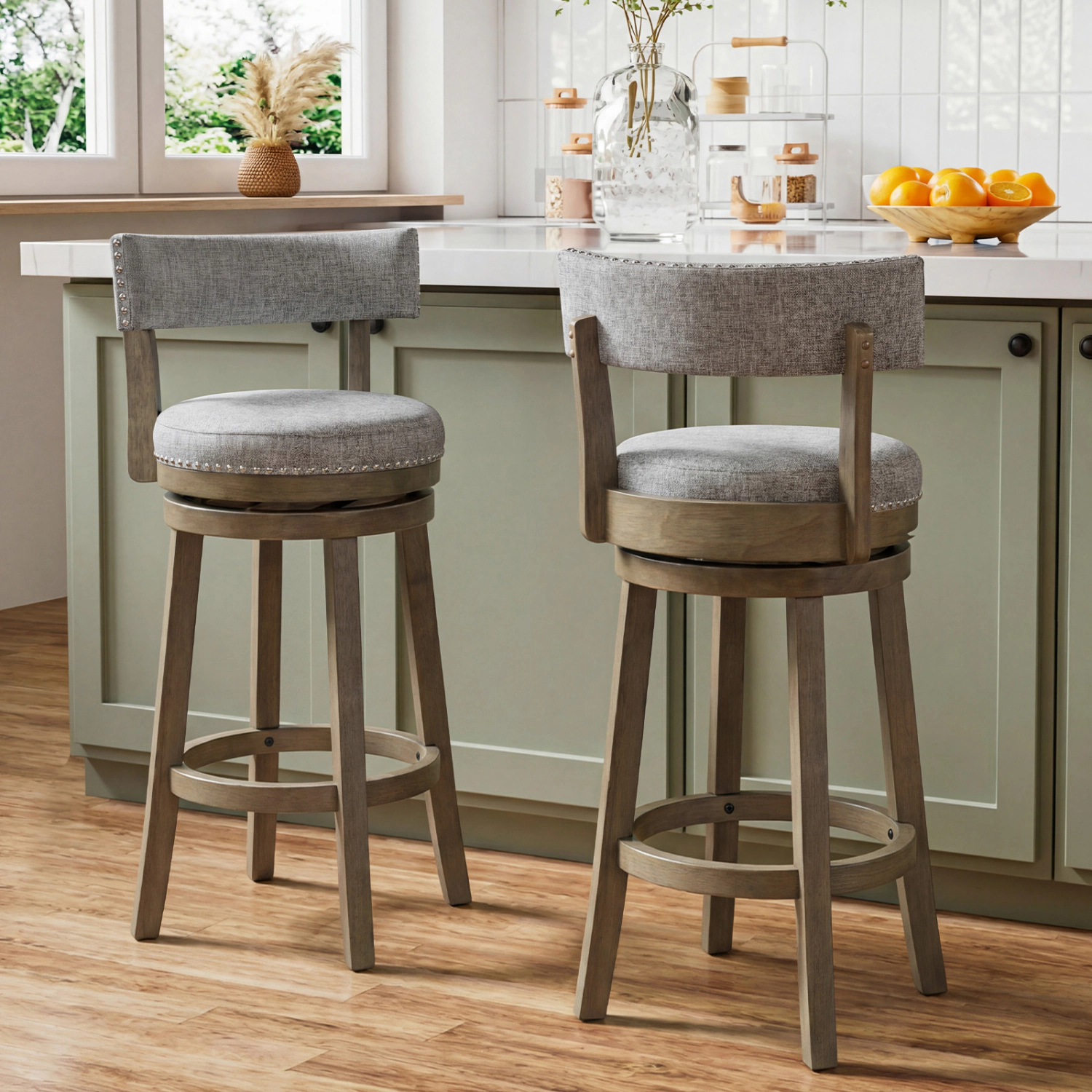 LJG Swivel Bar Stools Set of 2 Linen Fabric Upholstered Barstools with Back-31.5 Inches