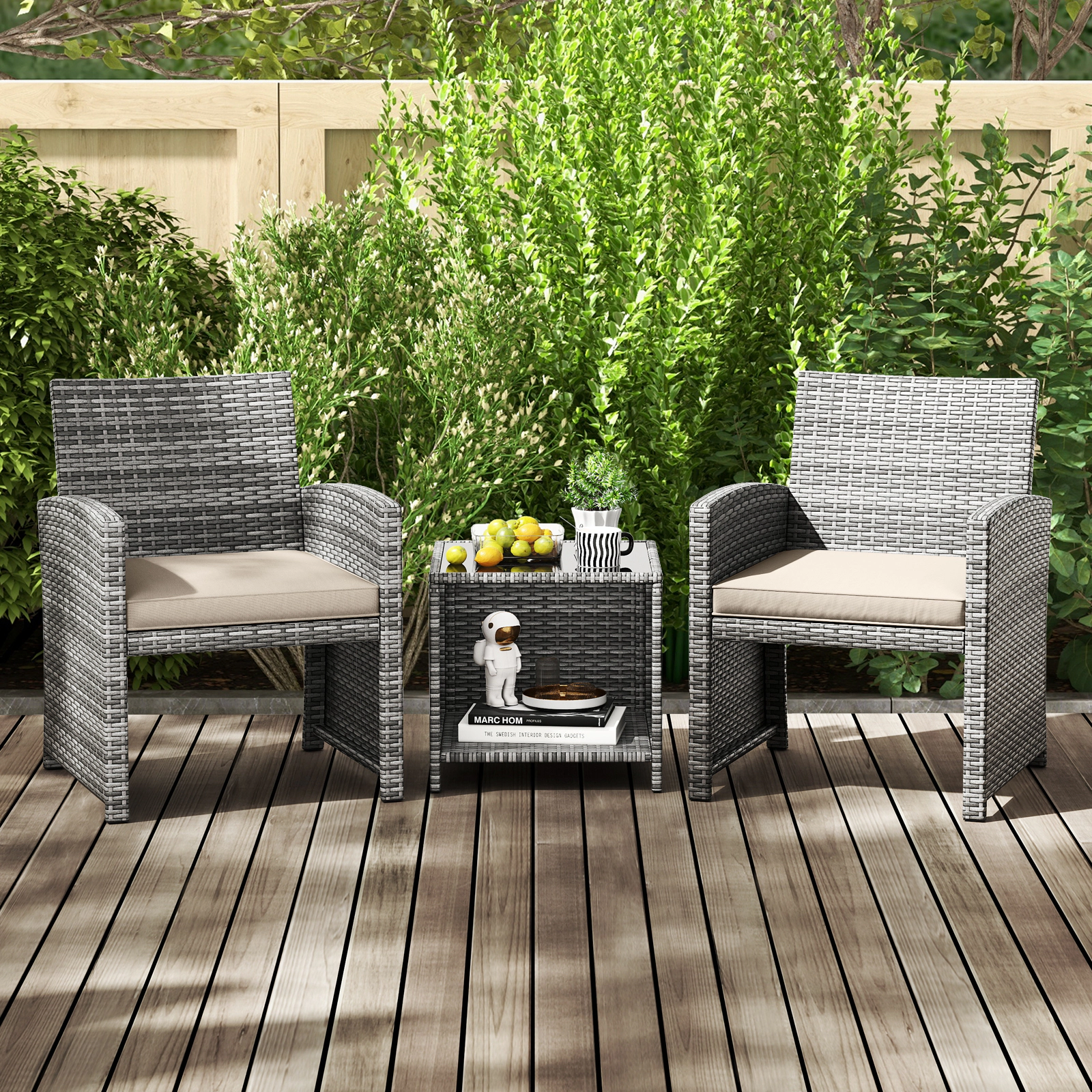 SUGIFT Tempered Glass Table and Seat Cushions 3-Piece White Patio Rattan Chair Set