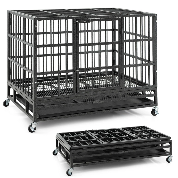 SUGIFT Black 38-in Foldable Heavy Duty Metal Dog Cage with Lockable Rolling Casters and Pull-Out Tray