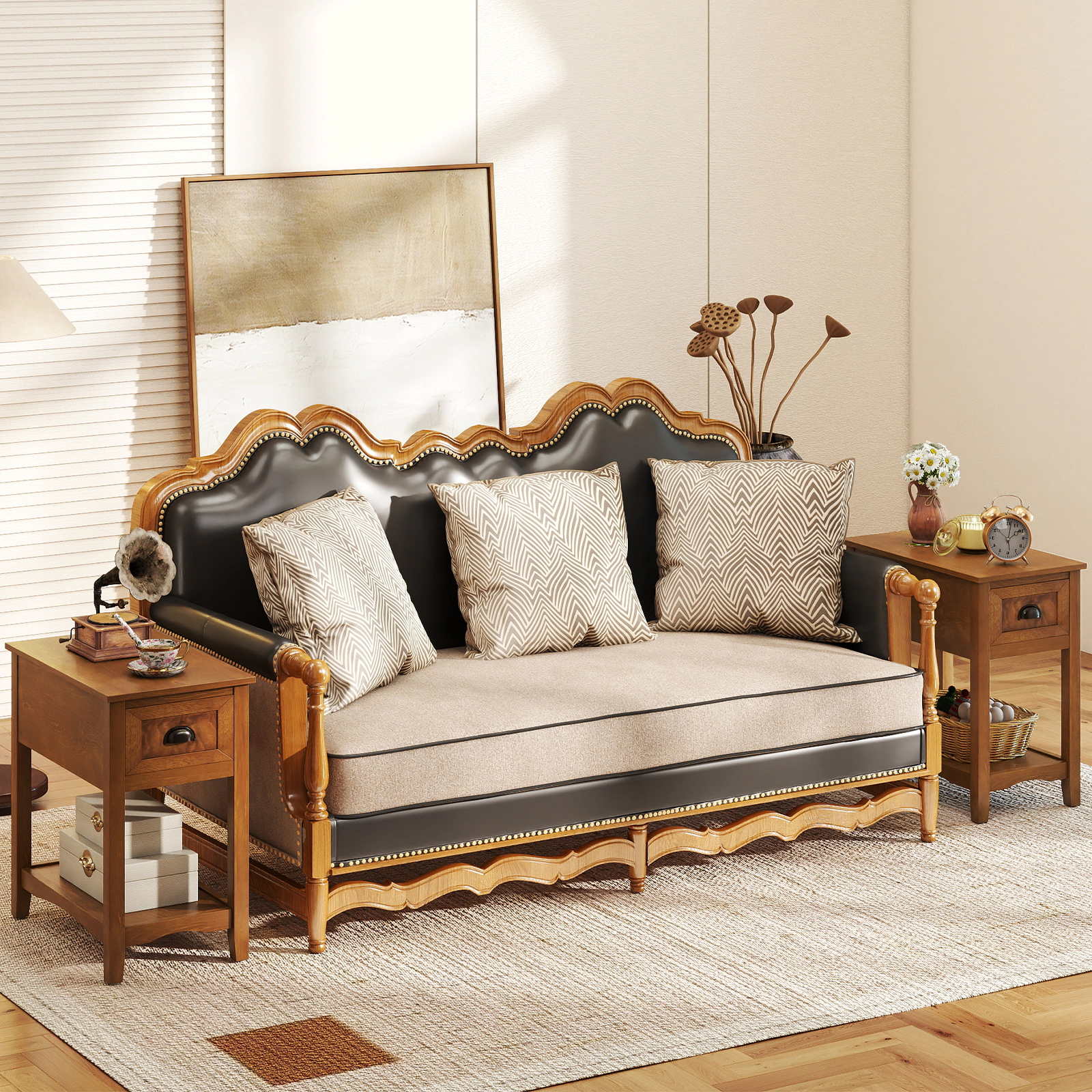 Glintex 2-Piece Compact Chairside End Table Set with Drawer and Lower Shelf