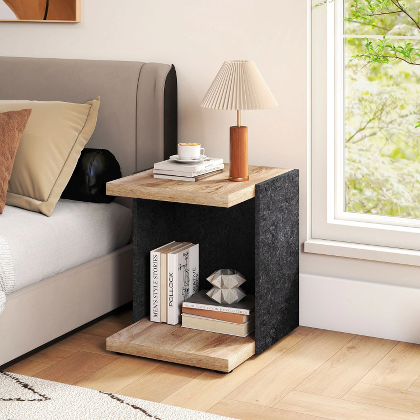 SUGIFT 19.5-in Oak and Black 2-Tier End Table with Open Shelf
