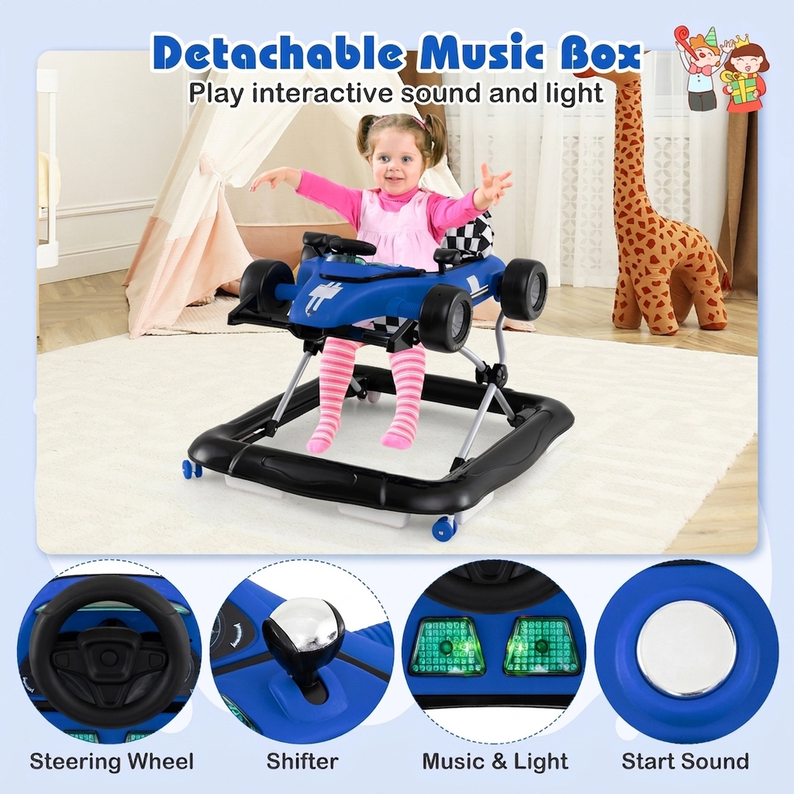 4-in-1 Baby Push Walker and Activity Center with Noise-Free Wheels Easy-Grip Handle Music Box and 3 Heights in Blue