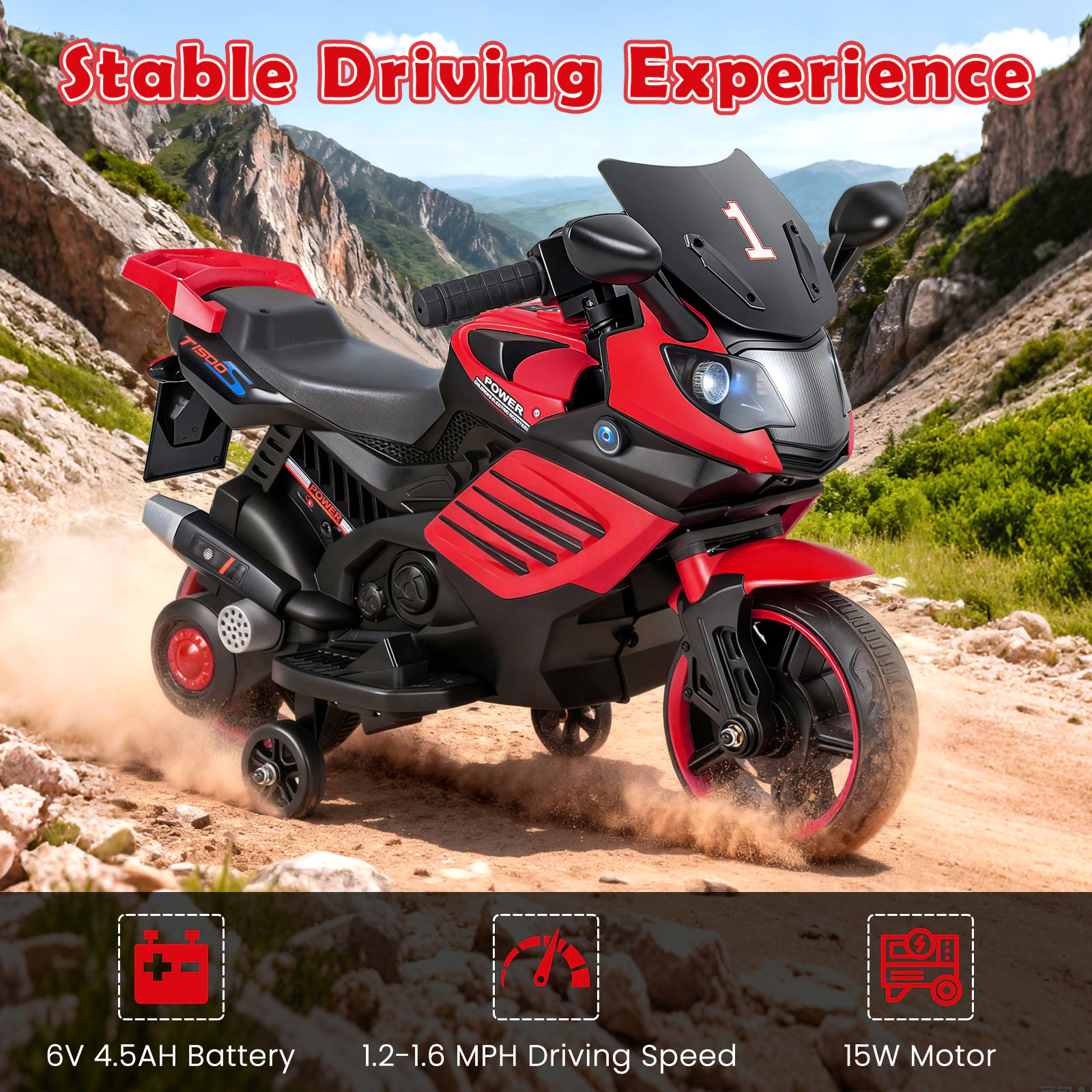 SUGIFT 6V Battery-Powered Kids Motorcycle Ride-On Headlights Music Detachable Training Wheels 55-lb Capacity Ages 3+ 29
