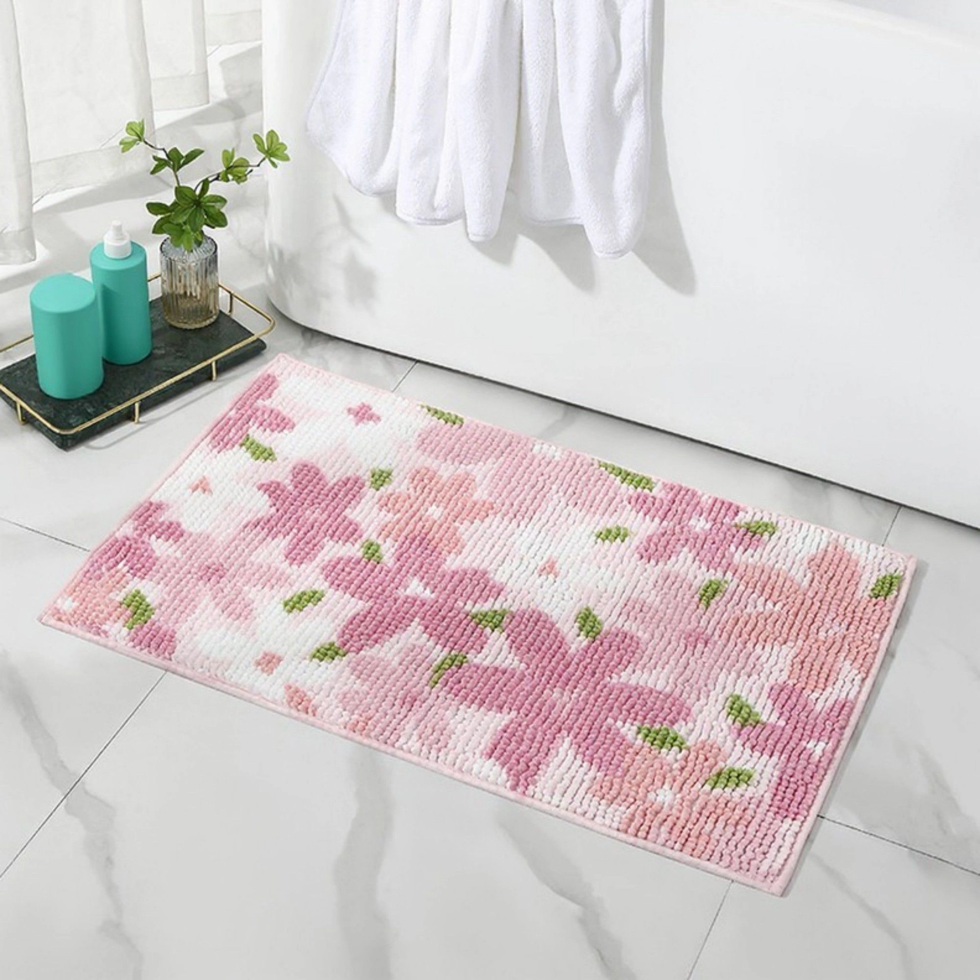 Alilang Unisex Plush Absorbent Bathroom Floor Mat with Floral Pattern Soft Textured Bath Rug for Tub Shower and Sink Are