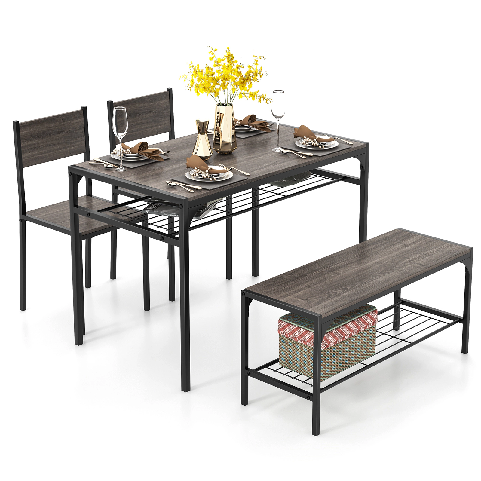 SUGIFT 4-Piece Gray Metal Dining Set, 43-Inch Rectangular Table, Bench, 2 Chairs, Storage Shelves