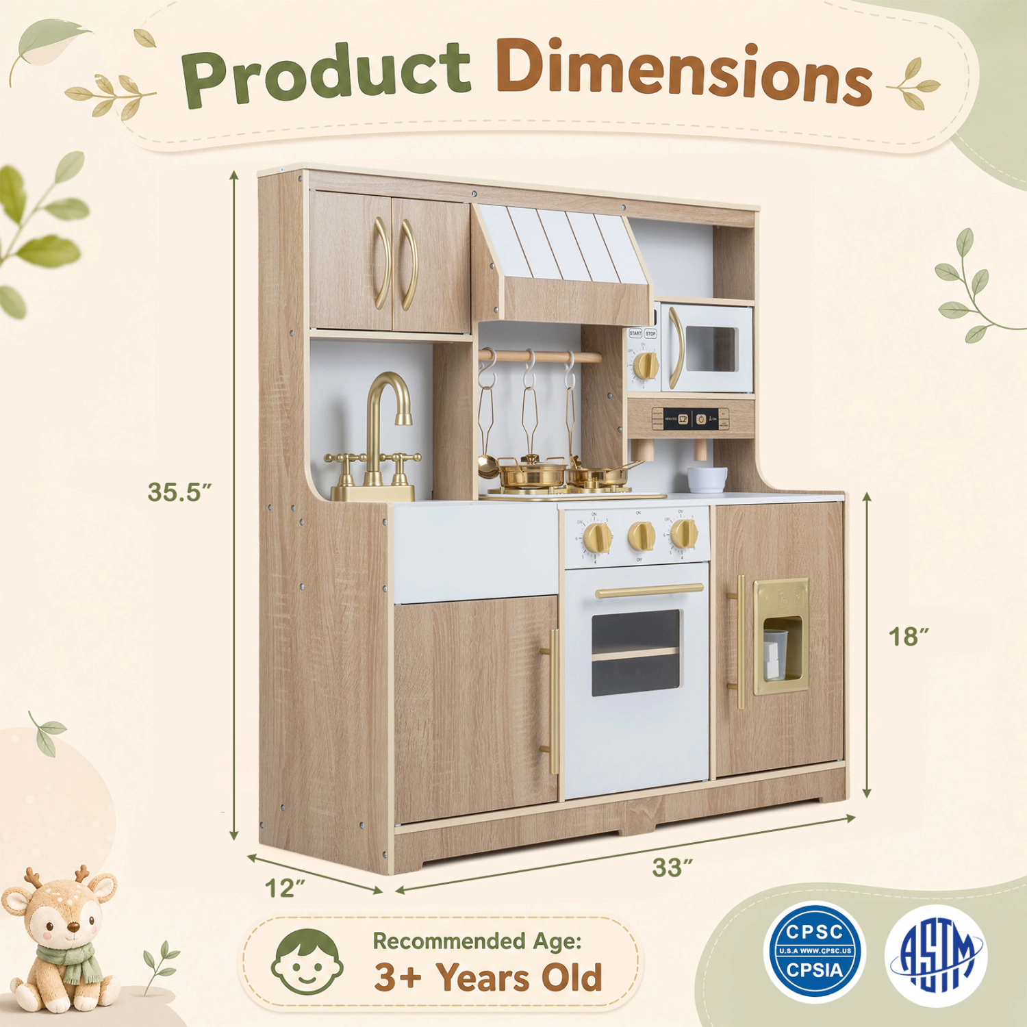 LJG Wooden Play Kitchen with Lights & Sounds and Ice Maker Stove Sink for Toddlers