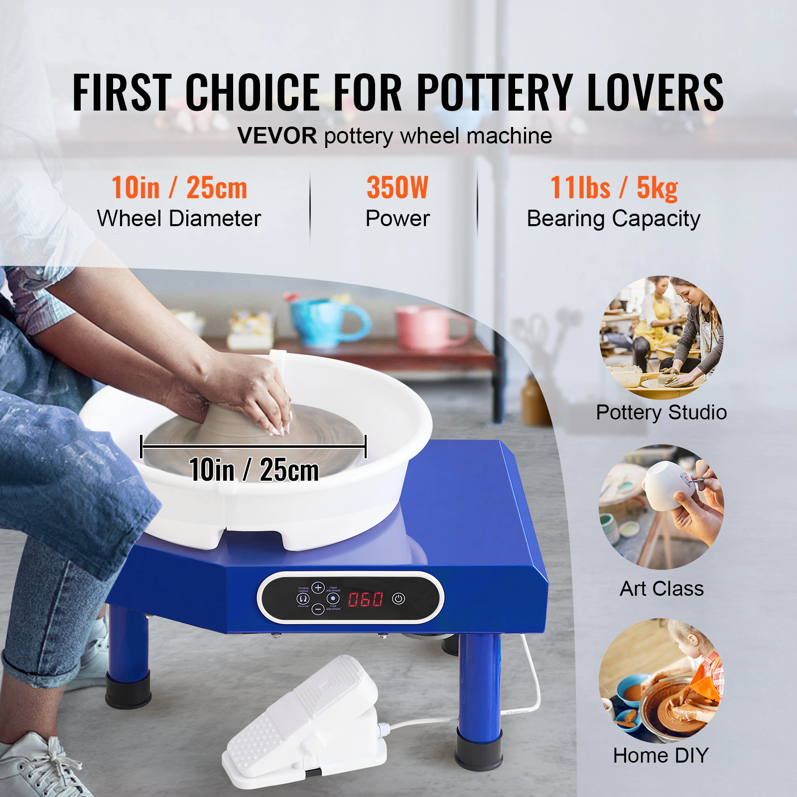 HONGGE Pottery Wheel 10 in Ceramic Forming Machine, Adjustable Speed 60-300 RPM, Foot Pedal, Detachable Basin, LCD Panel