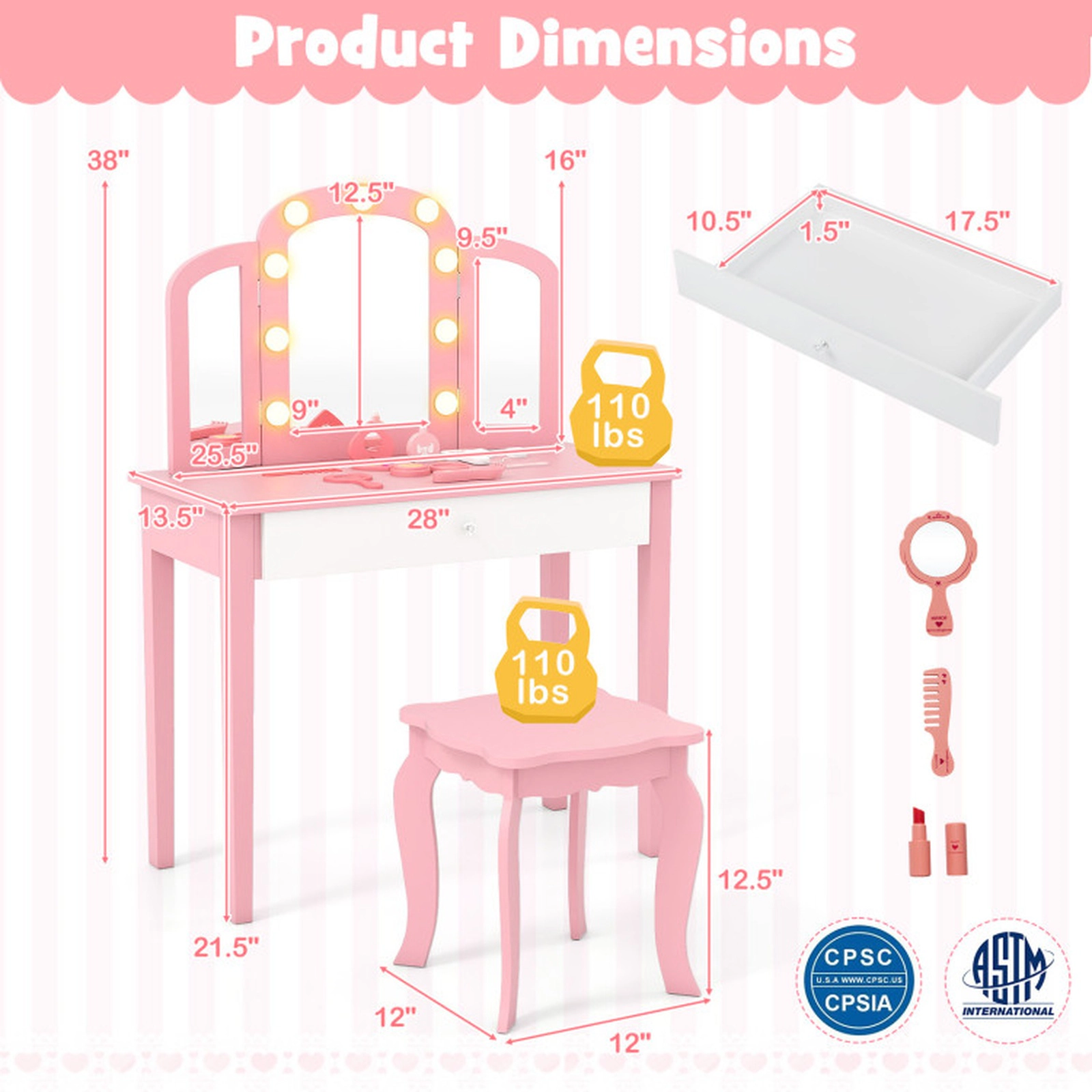 SUGIFT 2-in-1 Kids Vanity Table Set with Tri-Folding Detachable Lighted Mirror 110-lb Capacity Ages 3-12 Pink/White