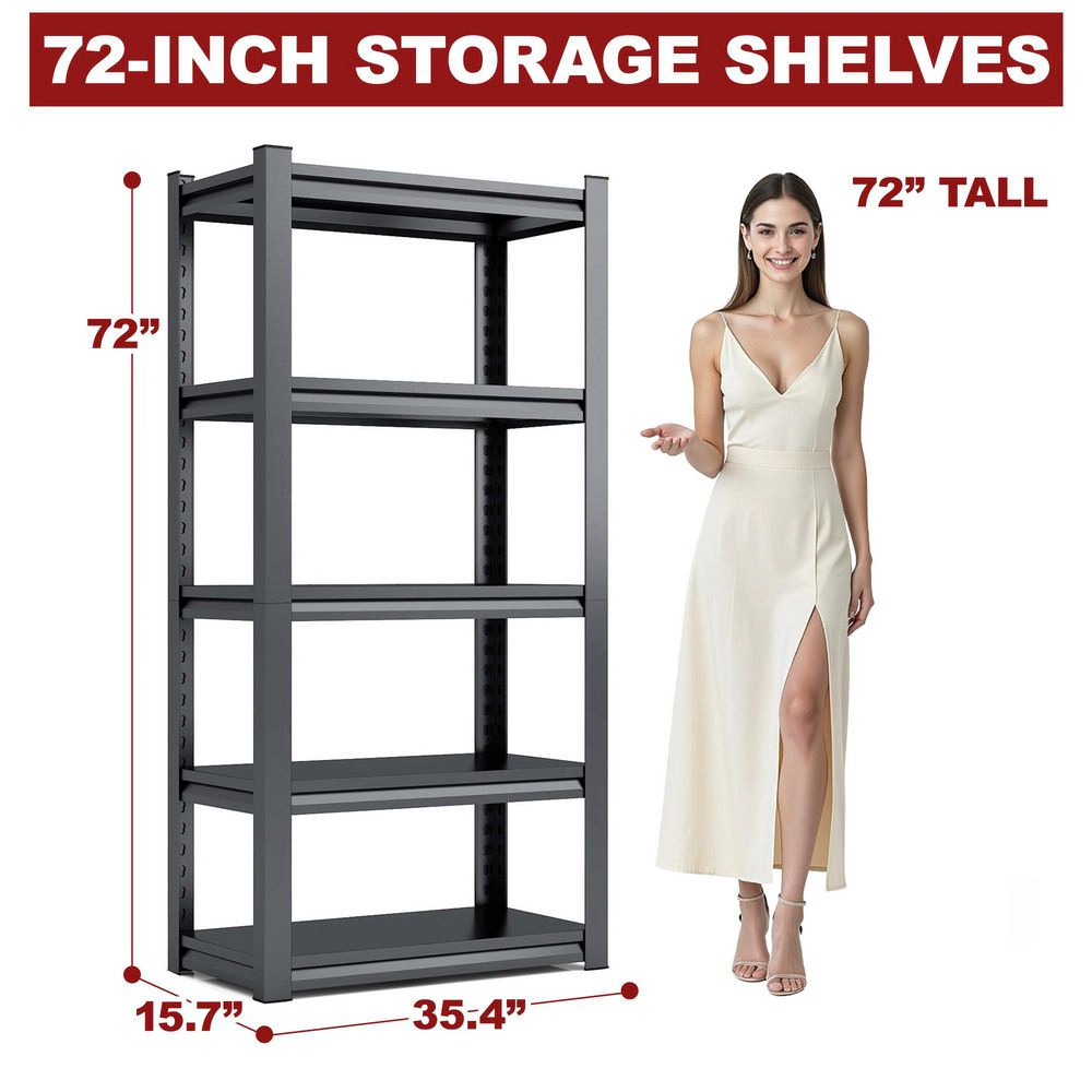Flynama 5-Tier Boltless Garage Shelving, Heavy Duty Steel, Adjustable, Black (35.4"W x 72"H x 15.7"D)