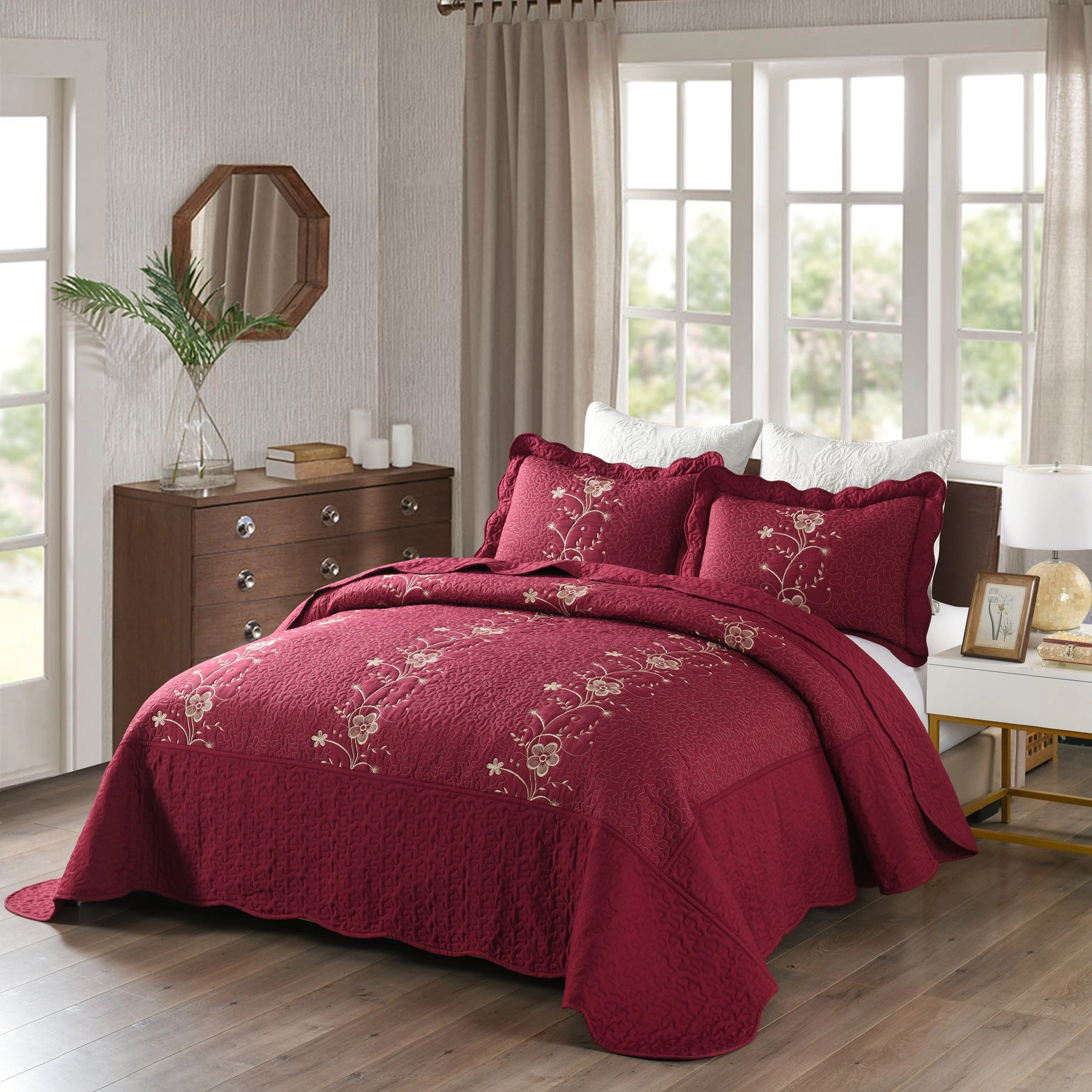 MarCielo 3 Pieces Embroidered Quilt Set, Lightweight Bedspread Set