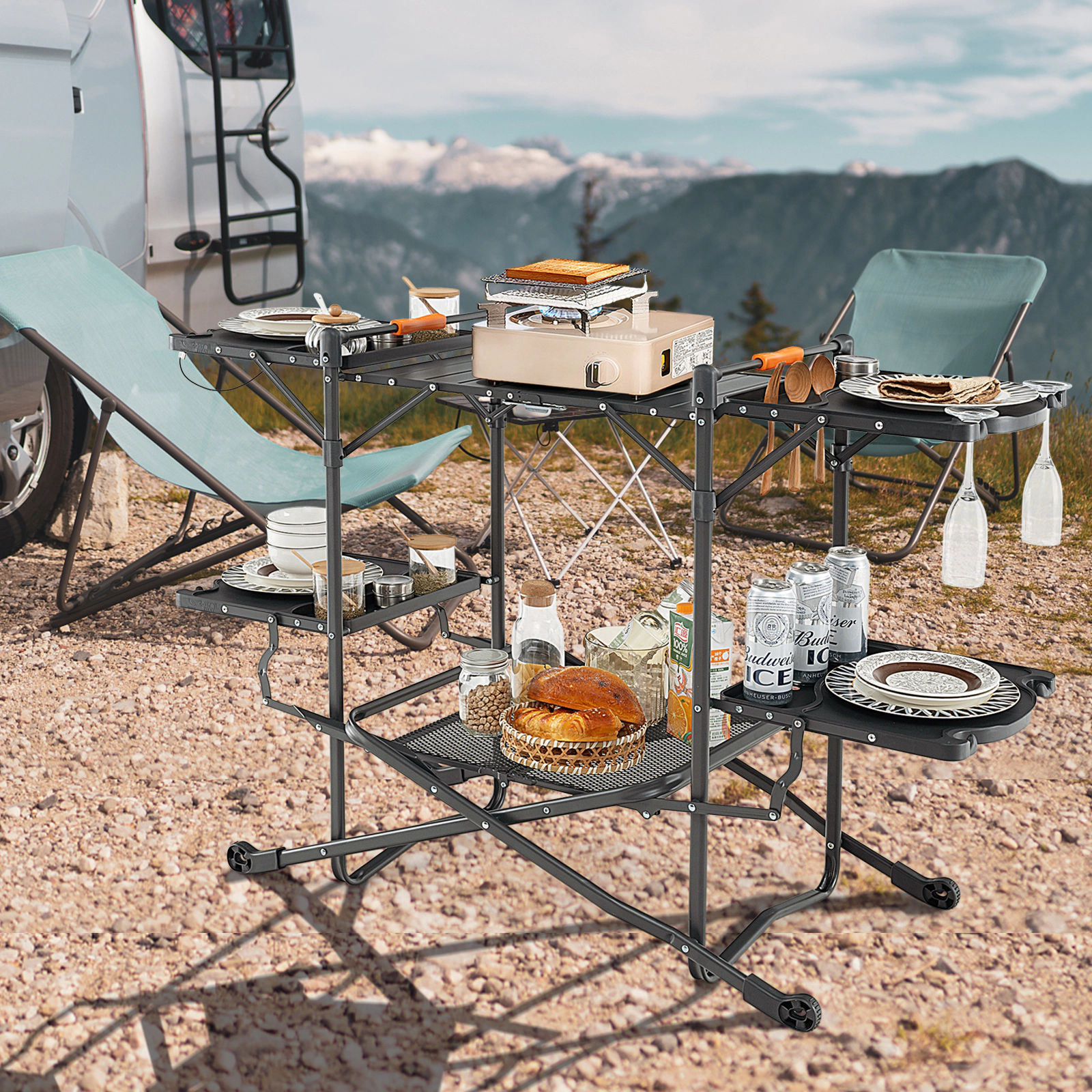 LJG Folding Portable Outdoor Cook Station with Heat-Resistant Aluminum Tabletop