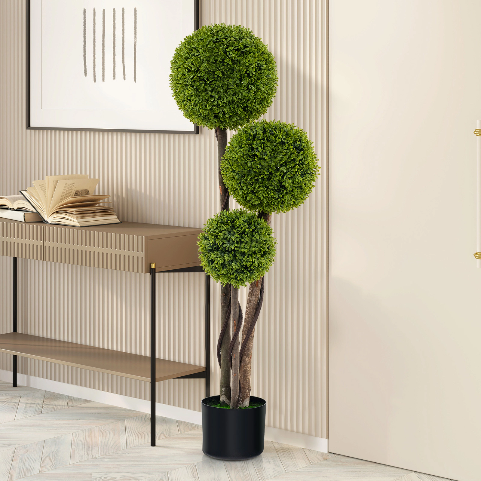 SUGIFT 47-in Artificial Boxwood Triple Ball Topiary Tree with Eucalyptus Wood Trunks and Weighted Pot