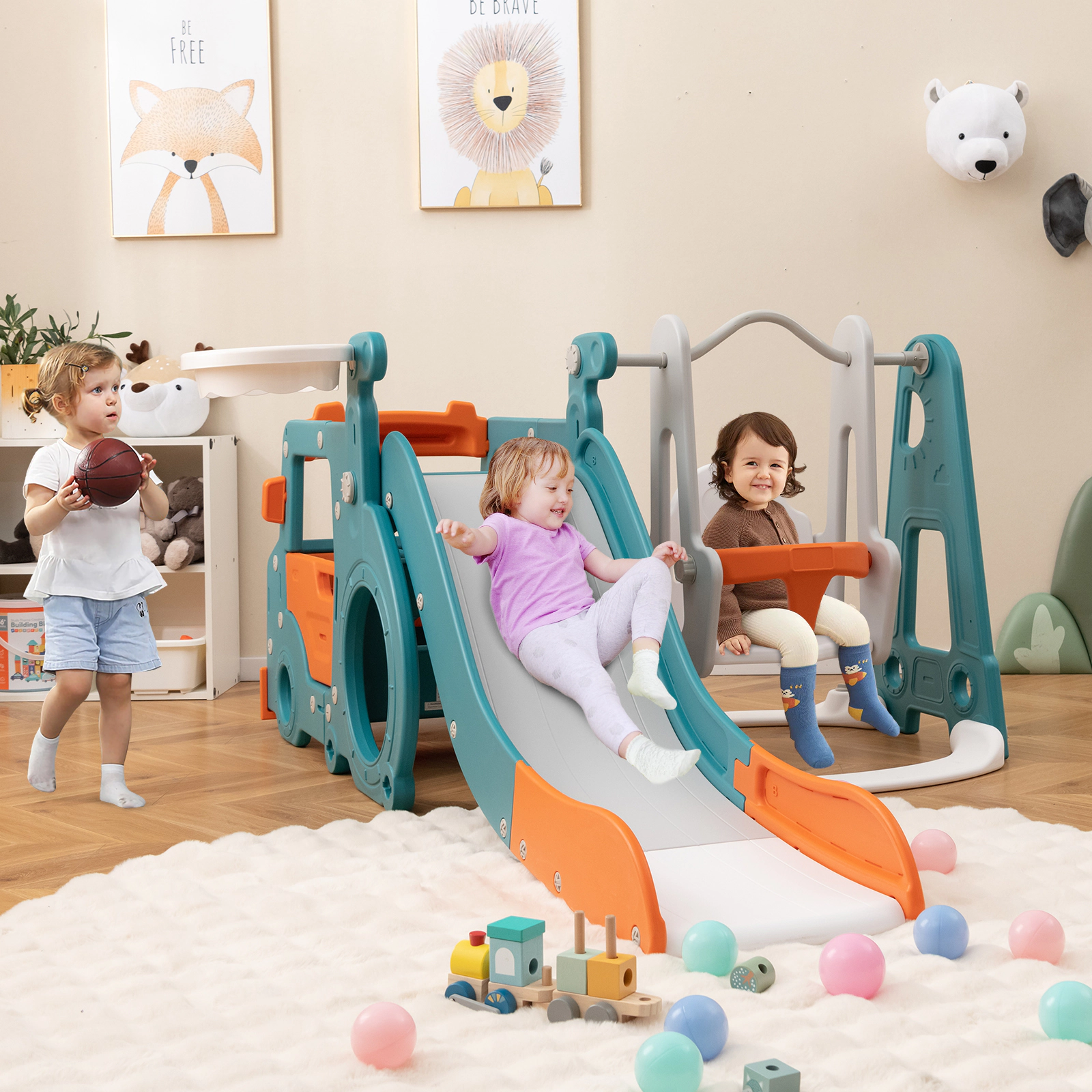 SUGIFT Multicolor Mini Bus Room and Basketball Hoop 5-in-1 Kids Slide and Swing Set