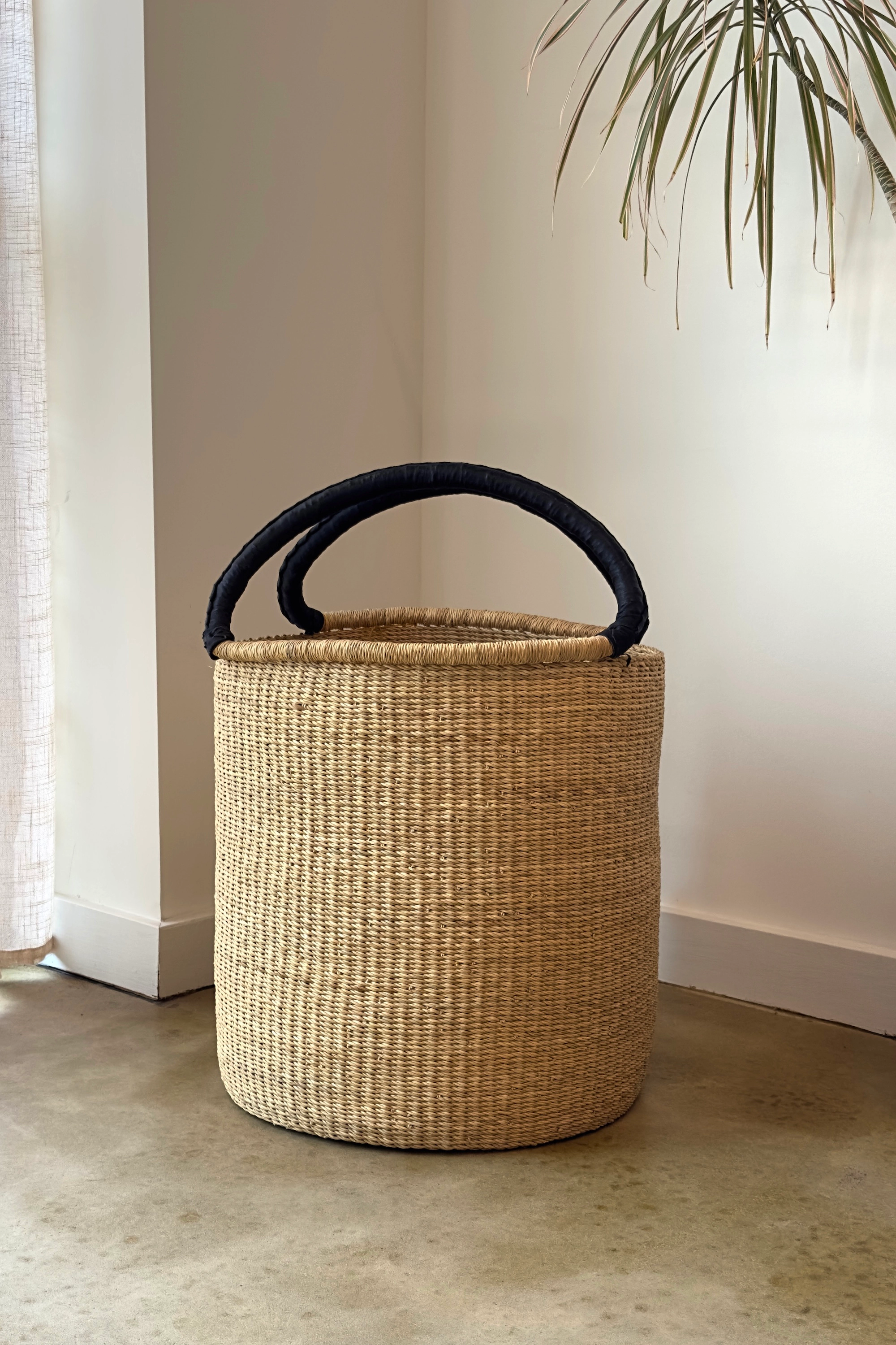 Mbare Handwoven Double Weave Hamper Basket with Leather Handles