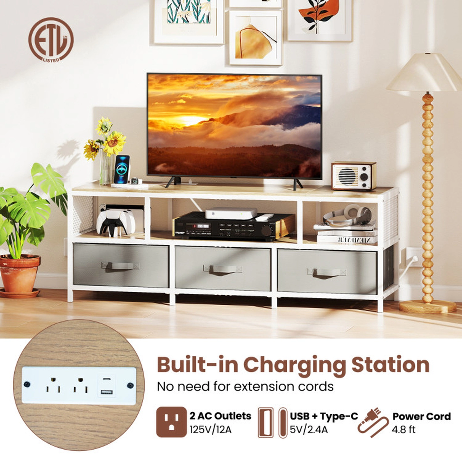 SUGIFT 55 in TV Stand Natural with Power Outlets USB Charging and Fabric Drawers