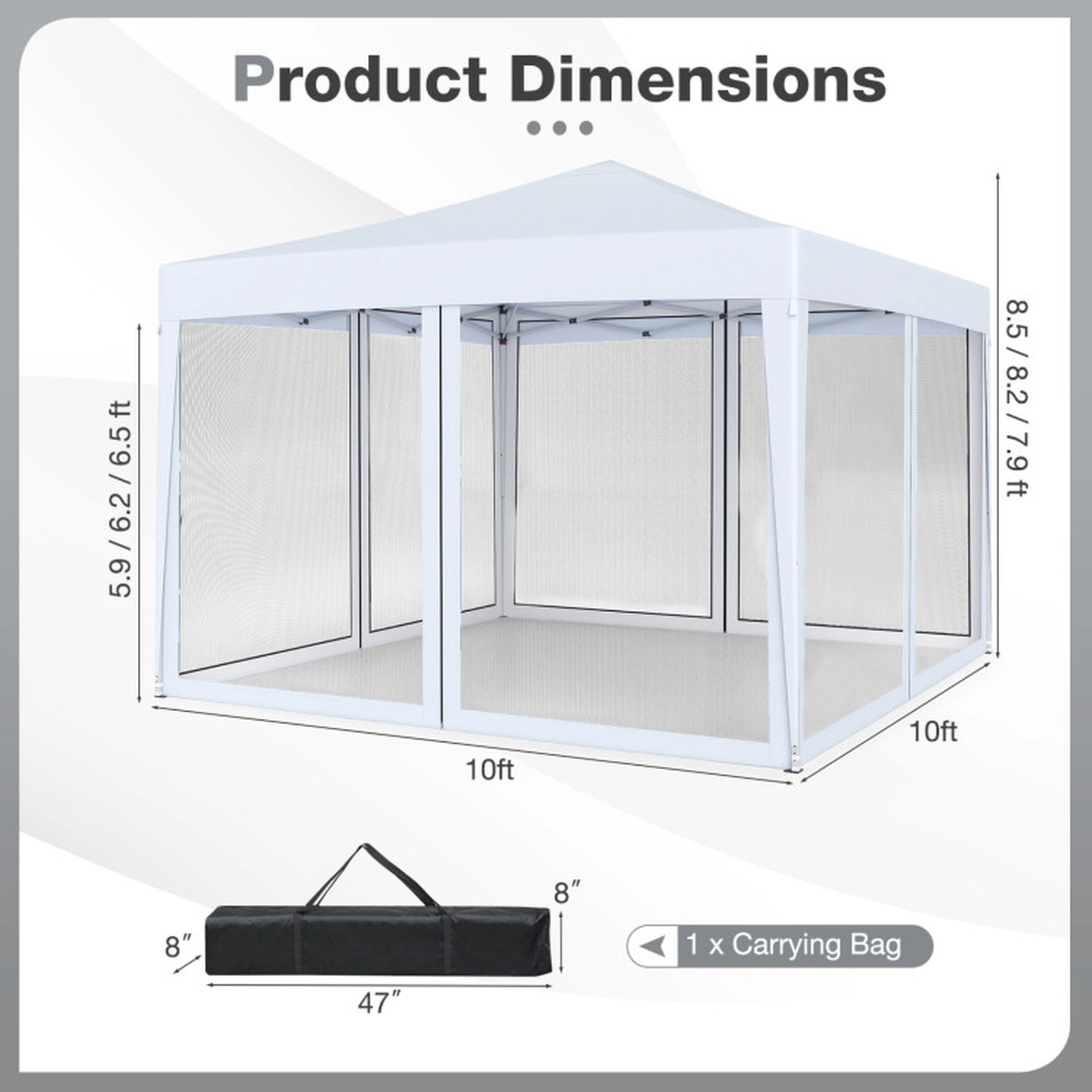 SUGIFT White Instant Pop Up Canopy Tent with 4 Zippered Mesh Walls for 6-8 People 10-ft W 10-ft D 8.5-ft H