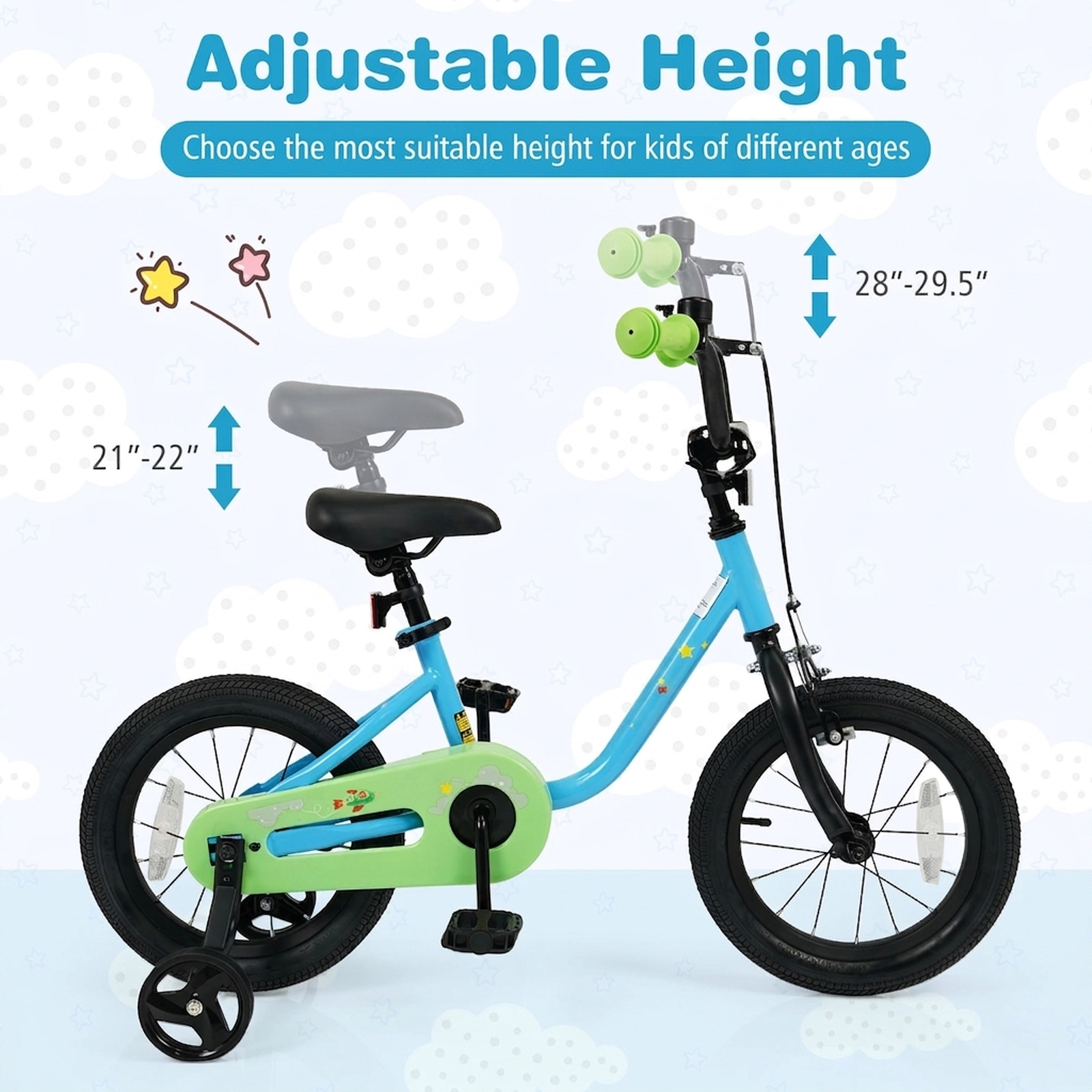 SUGIFT Kids Bicycle with Dual Brakes and Training Wheels 110-lb Capacity Ages 3-5 Years Blue + Green 14-Inch Wheels